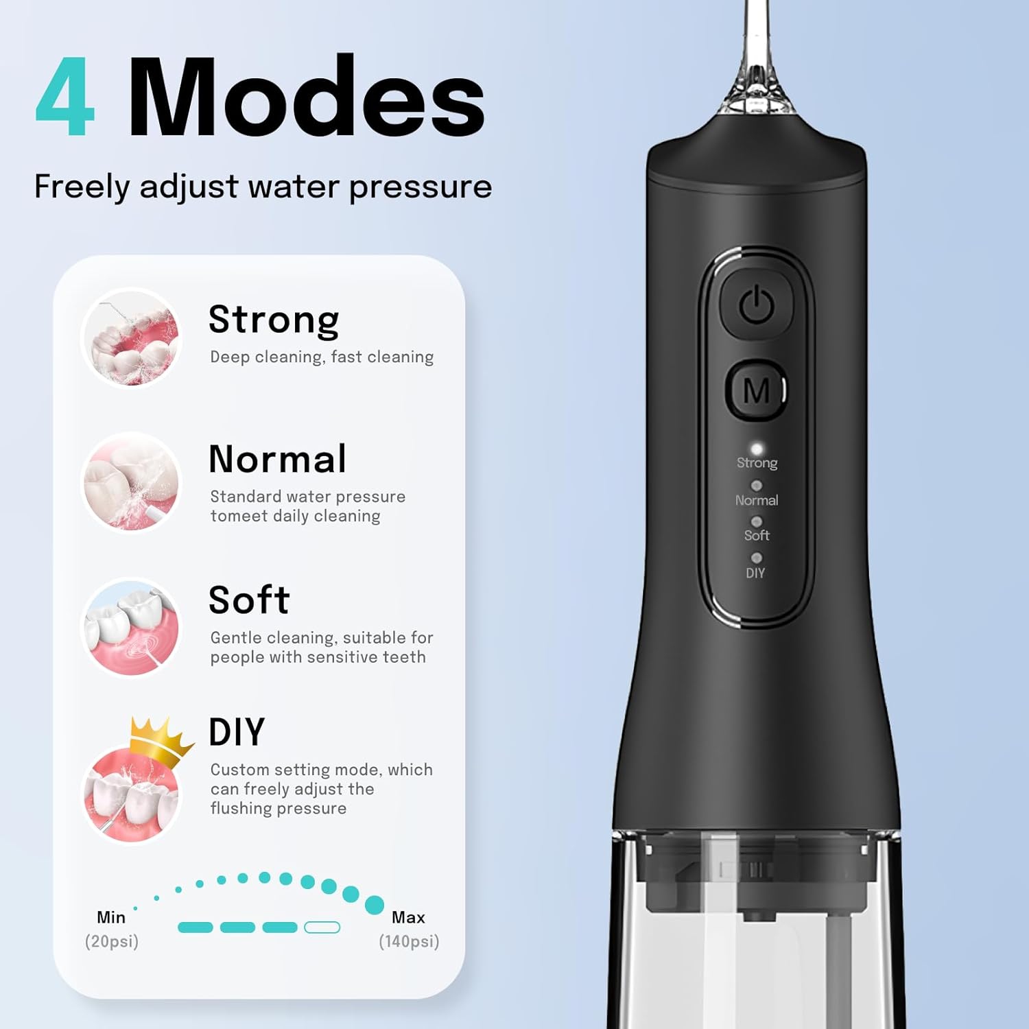 Irrigateur dentaire sans fil, 4 modes à installer soi-même et 4 buses, irrigateur oral 300 ml, hydropulseur à jet d'eau dentaire rechargeable