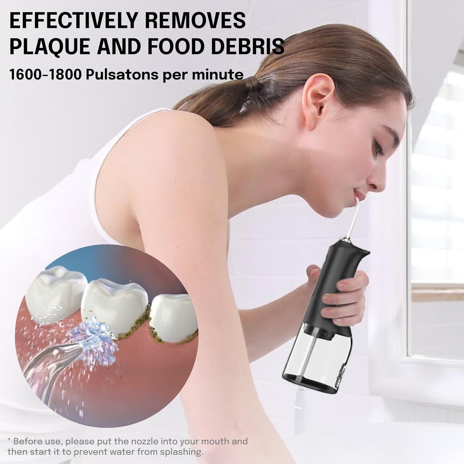 Irrigateur dentaire sans fil, 4 modes à installer soi-même et 4 buses, irrigateur oral 300 ml, hydropulseur à jet d'eau dentaire rechargeable