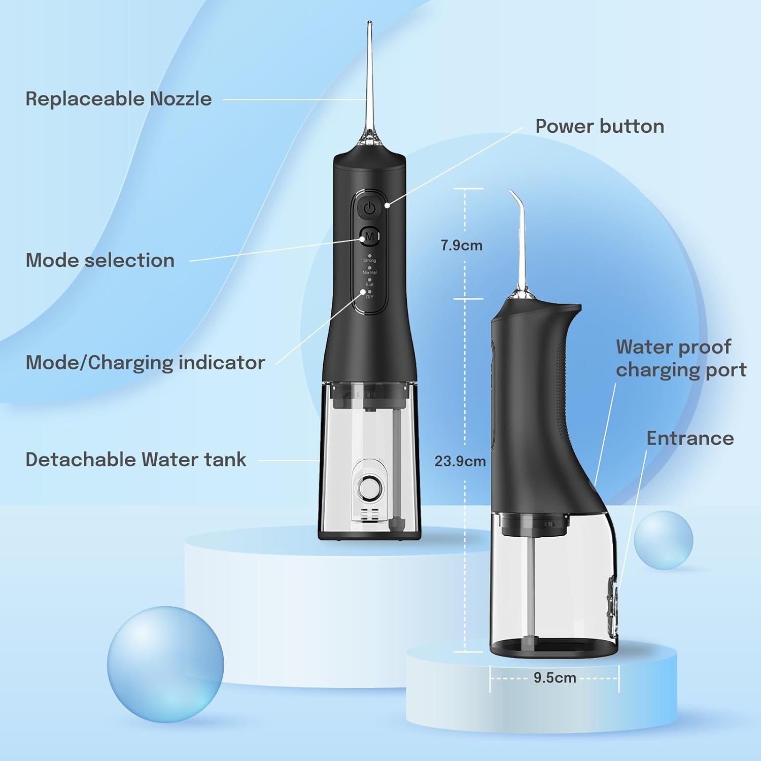 Irrigateur dentaire sans fil, 4 modes à installer soi-même et 4 buses, irrigateur oral 300 ml, hydropulseur à jet d'eau dentaire rechargeable