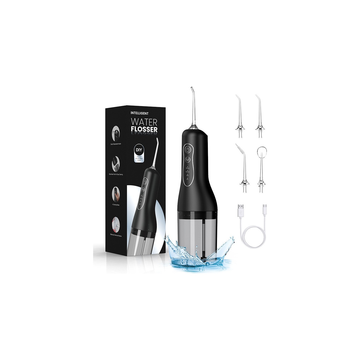 Portable Waterproof Electric Water Flosser Water Rinse Oral Whitening Instrument Oral Cleaning Water Flosser with 3 Modes 4 Nozzles Rechargeable Dental Oral Irrigator (black)