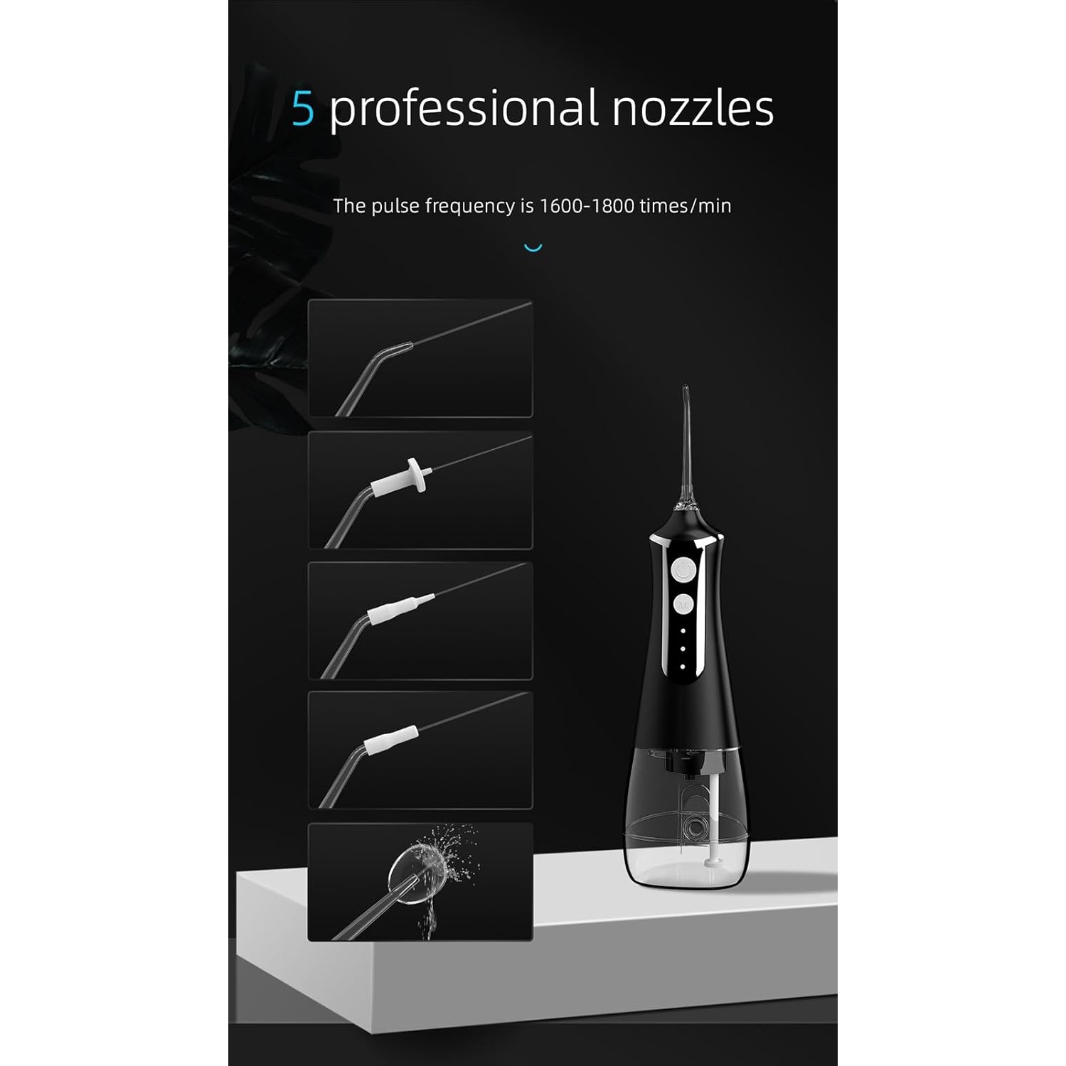 Hydropulseur à 1800 impulsions/minute - Buse à 360°, 3 modes, 5 buses, réservoir d'eau 300 ml et batterie de 40 jours