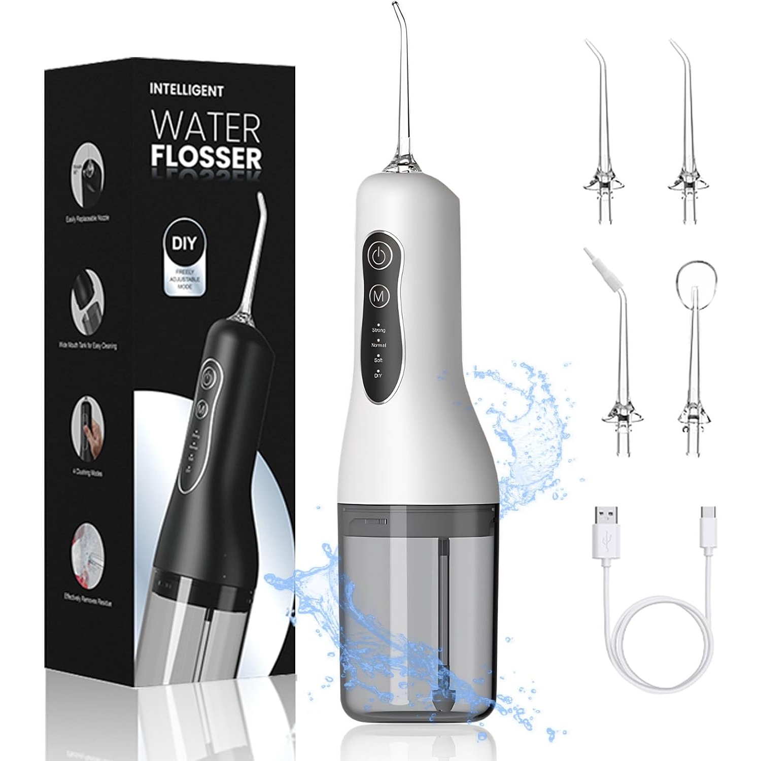 Hydropulseur électrique portatif étanche Rinçage à l'eau Instrument blanchissant oral Hydropulseur à 3 modes 4 buses Irrigateur dentaire rechargeable