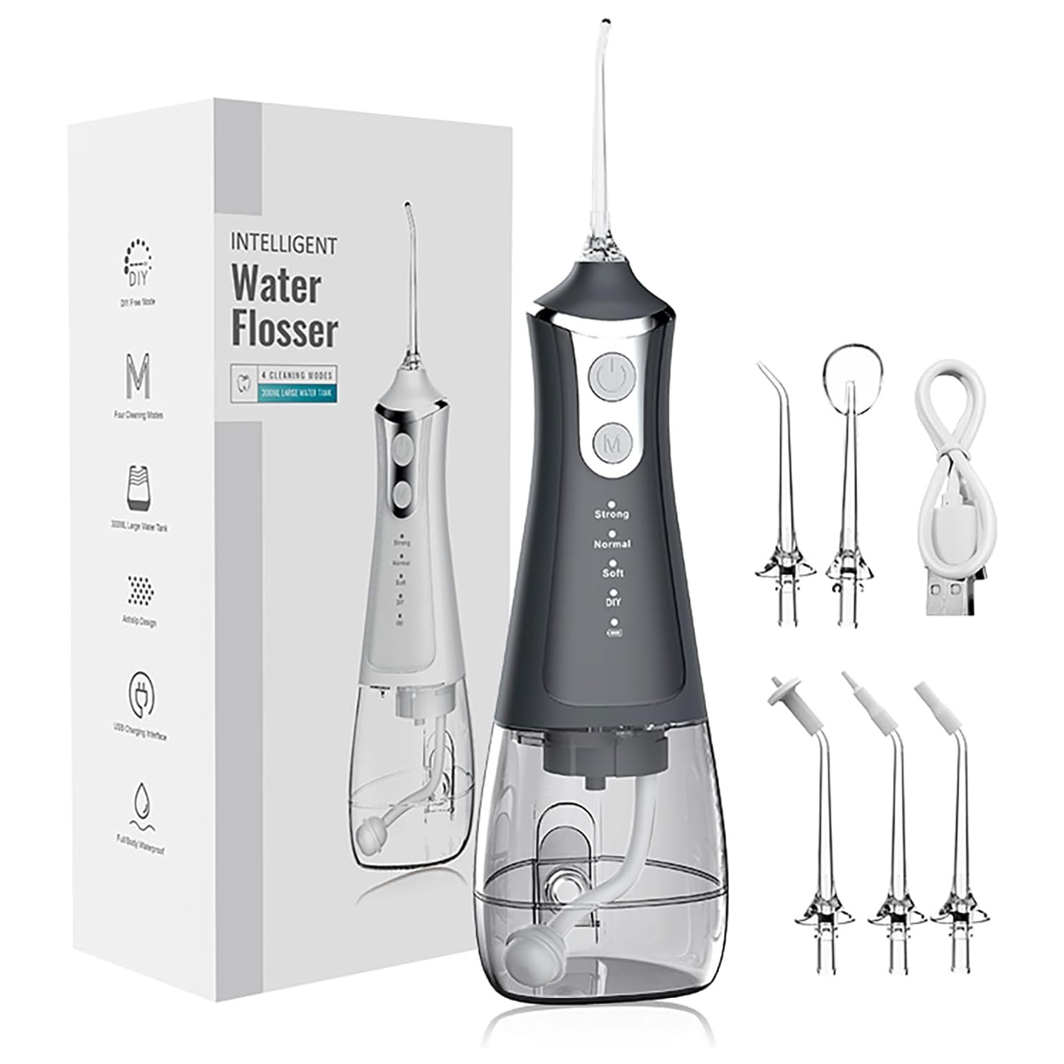 Hydropulseur pour rince-bouche portatif avec 4 modes 5 buses Hydropulseur 300&nbsp;ml étanche rechargeable IPX7 pour les soins buccodentaires