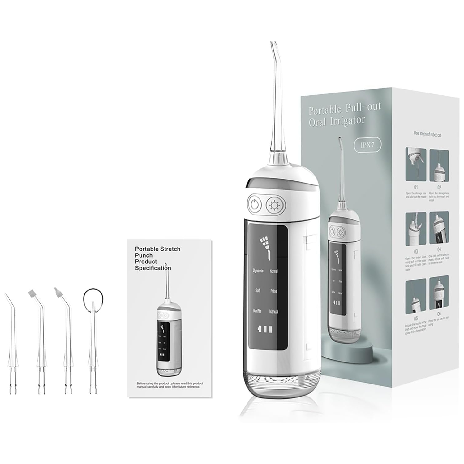 6 Modes Oral Irrigator Portable Water Flosser Ipx7 Waterproof Irrigator Water Flosser Small Teeth Whitening Device for Travel Home Use Toothbrush with 4 Nozzles (Color: White)