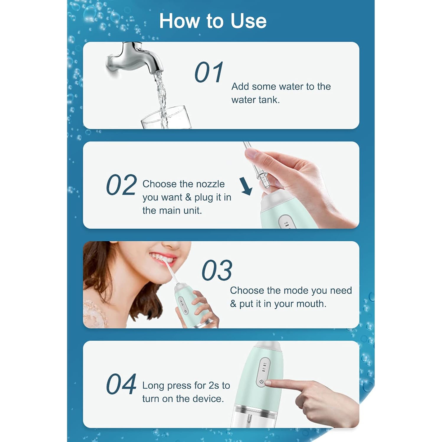 Hydropulseur portatif avec 3 mois, réservoir d'eau 230 ml pour le nettoyage des dents, 4 buses différentes, ensemble d'hydropulseur