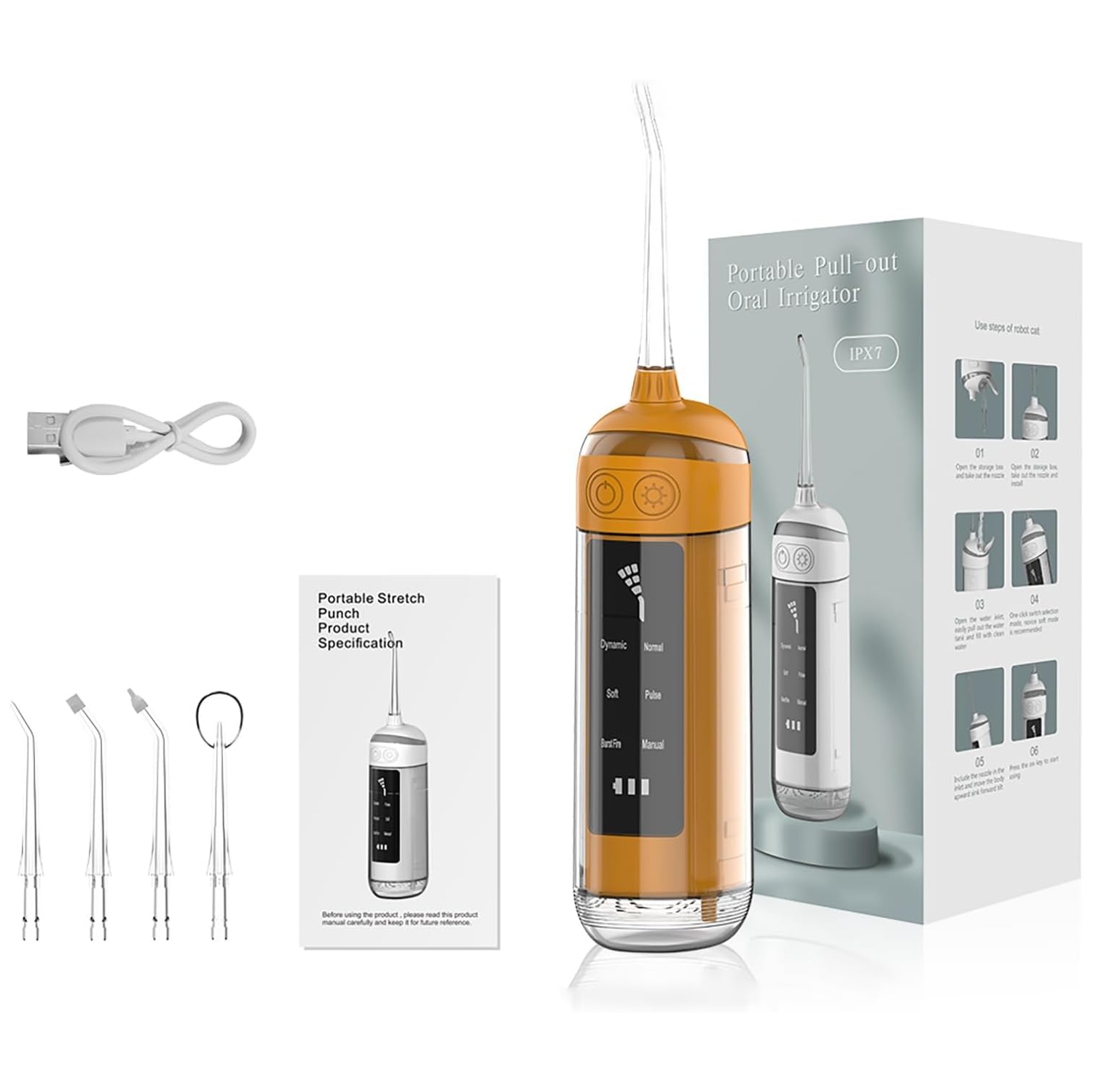 6 Modes Oral Irrigator Portable Water Flosser Ipx7 Irrigator Water Flosser Small Teeth Whitening Device for Travel Home Use Toothbrush with 4 Nozzles (Color: Orange)