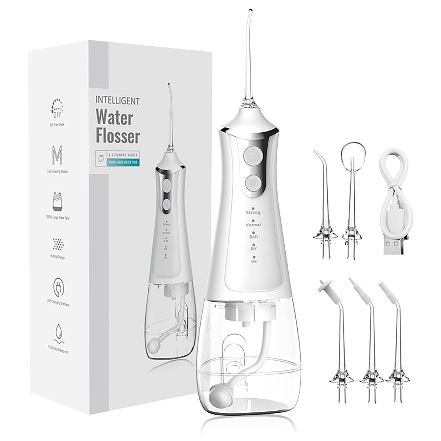 Hydropulseur portatif pour le lavage de la bouche avec 4 modes 5 buses 300&nbsp;ml Hydropulseur étanche rechargeable IPX7 pour les soins