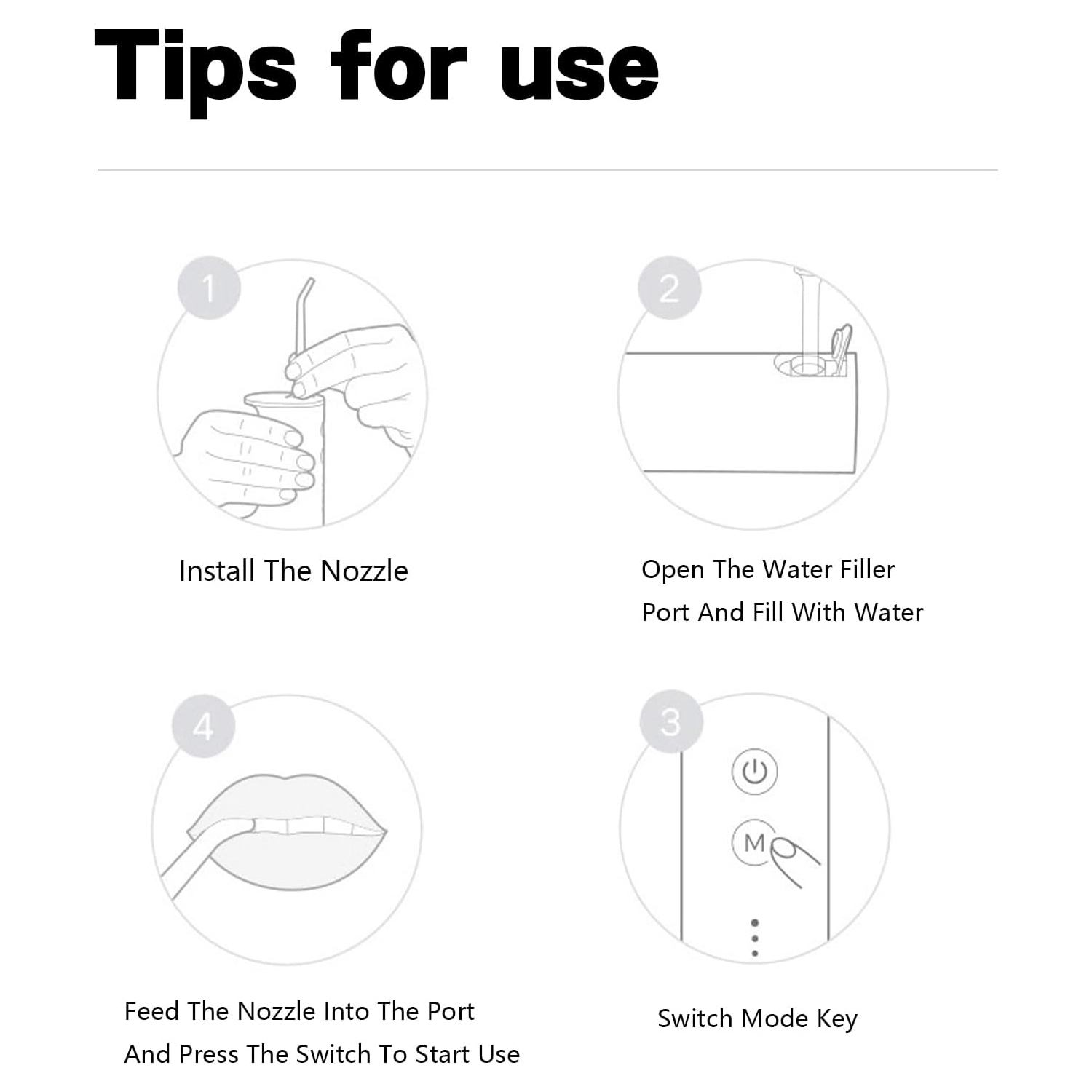 Irrigateur dentaire, irrigateur oral, étanche IPX7, comprend 4 buses fonction, 3 modes de pression d'eau, chargement USB, jusqu'à 30 jours