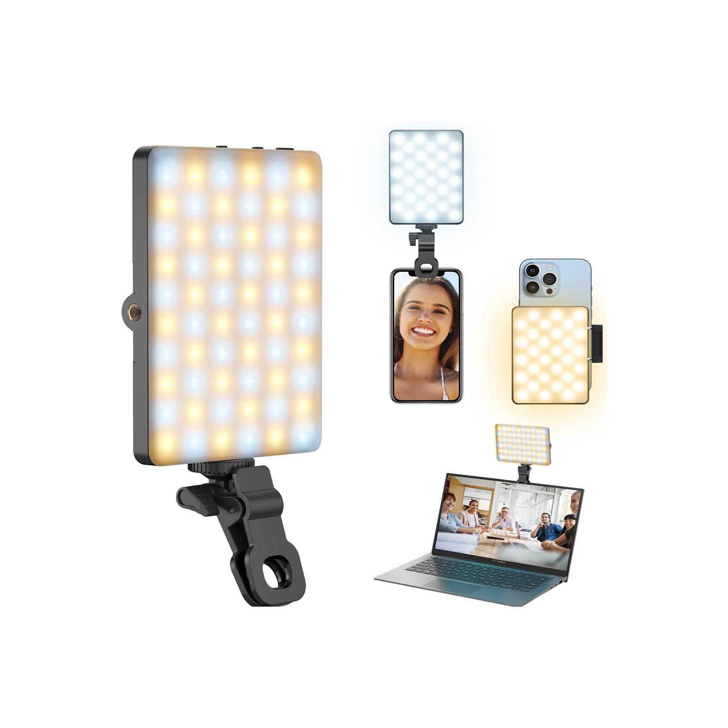 Selfie Light for Phone, 60 LED Phone Light with Rechargeable Clip and Adjusted 3 Light Modes, 2000mAh Video Light for iPhone iPad, Laptop, Makeup,