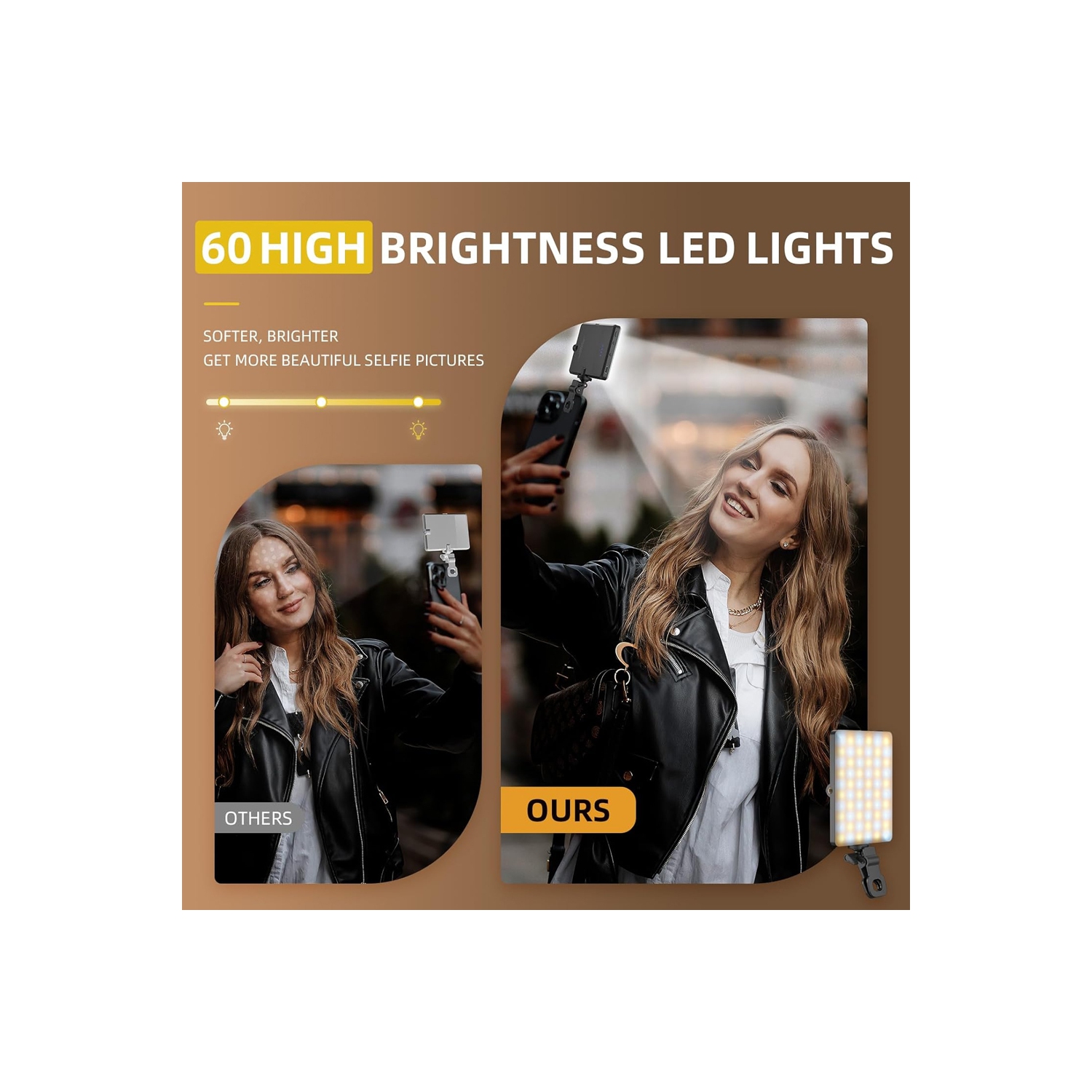 Selfie Light for Phone, 60 LED Phone Light with Rechargeable Clip and Adjusted 3 Light Modes, 2000mAh Video Light for iPhone iPad, Laptop, Makeup,