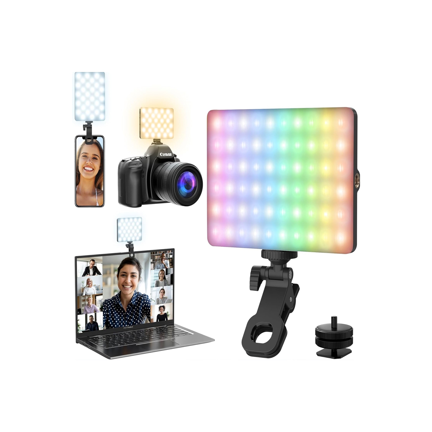 RGB Selfie Light for Phone, 90 LED Phone Light with 360° Full Color CRI 95+ Dimmable 2500K-8500K, 3000mAh Video Light for Phone iPad, Laptop, Makeup,
