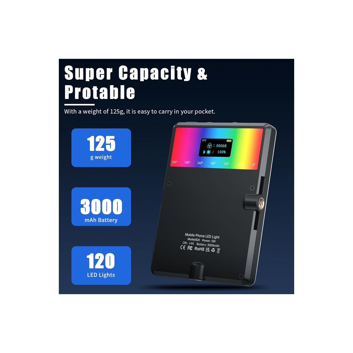 RGB Selfie Light for Phone, 90 LED Phone Light with 360° Full Color CRI 95+ Dimmable 2500K-8500K, 3000mAh Video Light for Phone iPad, Laptop, Makeup,