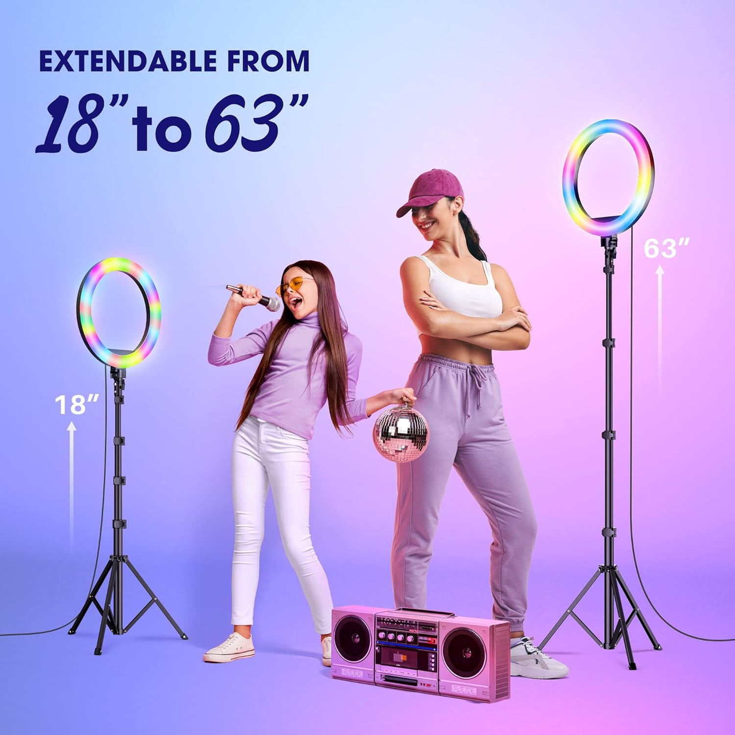 12" RGB Ring Light with 63" Tripod Stand, 3 CCT Mode and 39 Color Mode Selfie Ring Light with Stand, 2-in-1 LED Ring Light and Selfie Stick with