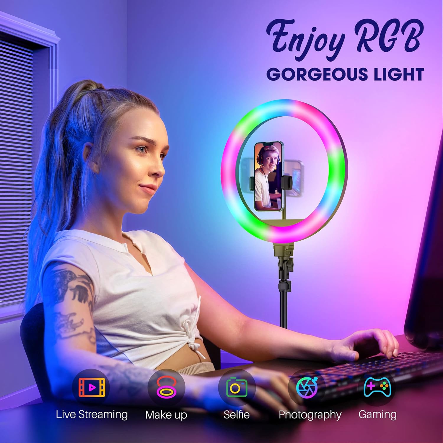 12" RGB Ring Light with 63" Tripod Stand, 3 CCT Mode and 39 Color Mode Selfie Ring Light with Stand, 2-in-1 LED Ring Light and Selfie Stick with