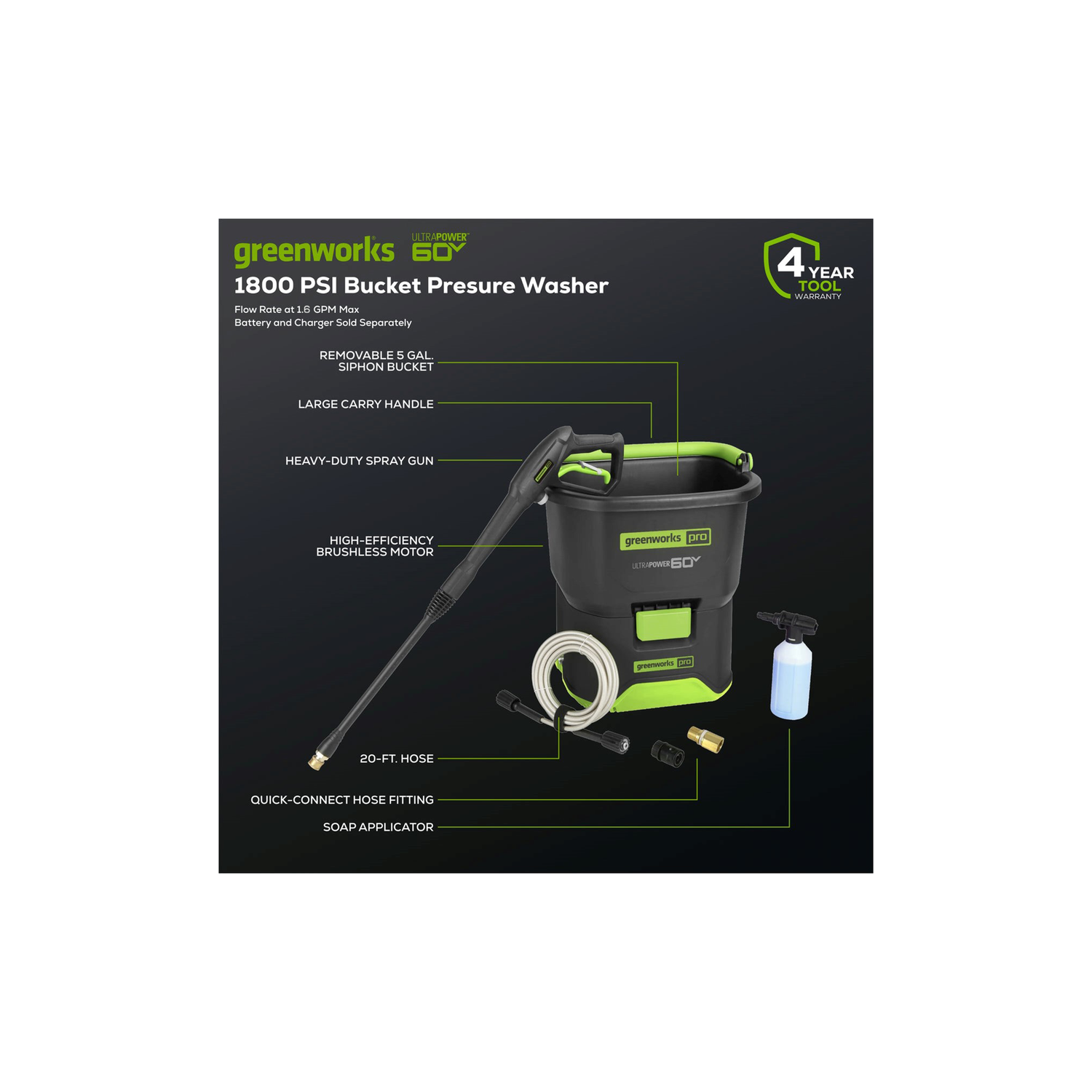Greenworks 60V 1800 PSI 1.0 GPM Bucket Pressure Washer