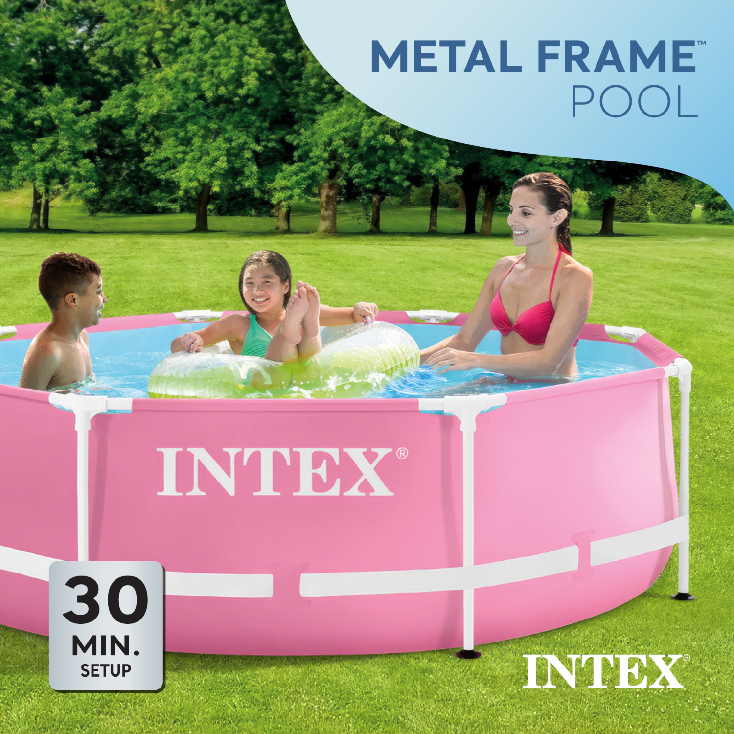 Intex – Piscine hors terre ronde 8 pi x 30 po à cadre en métal, rose, 28290 feuilles