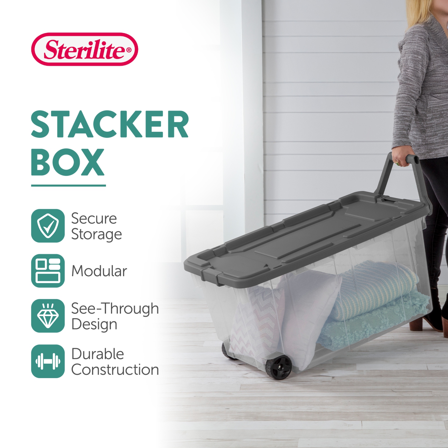 Sterilite 160&nbsp;Qt – Boîte de rangement empilable verrouillable sur roulettes avec couvercle, paq./2