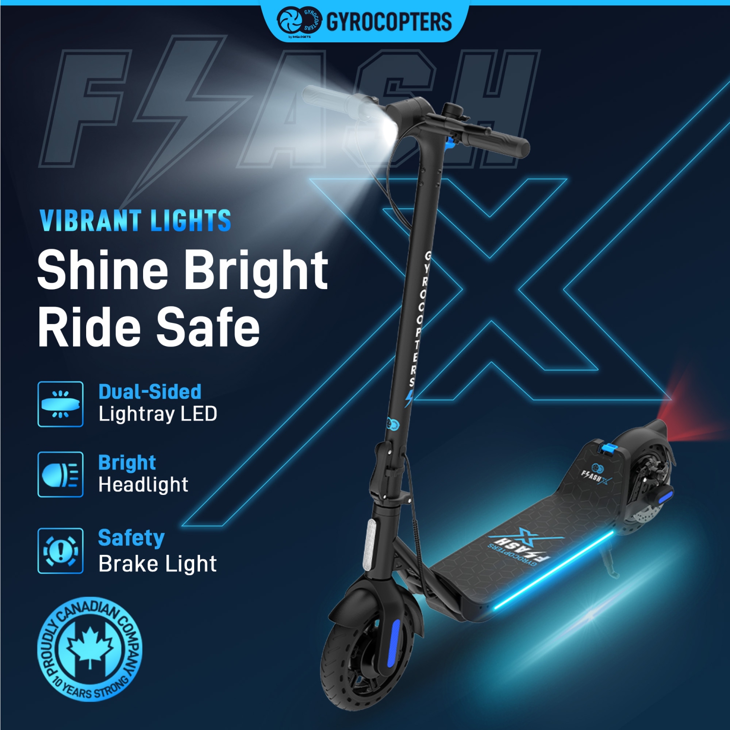 Gyrocopters FlashX 2026 Electric Scooter Adult & Teens with Bright LED Lights, Upgraded Design, Puncture-Proof Tires | Speed 32km/h, Upto 32km, 350W