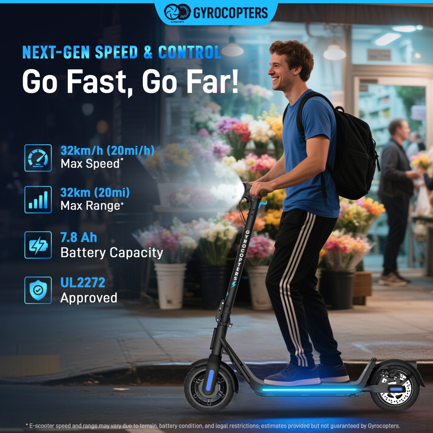 Gyrocopters FlashX 2026 Electric Scooter Adult & Teens with Bright LED Lights, Upgraded Design, Puncture-Proof Tires | Speed 32km/h, Upto 32km, 350W