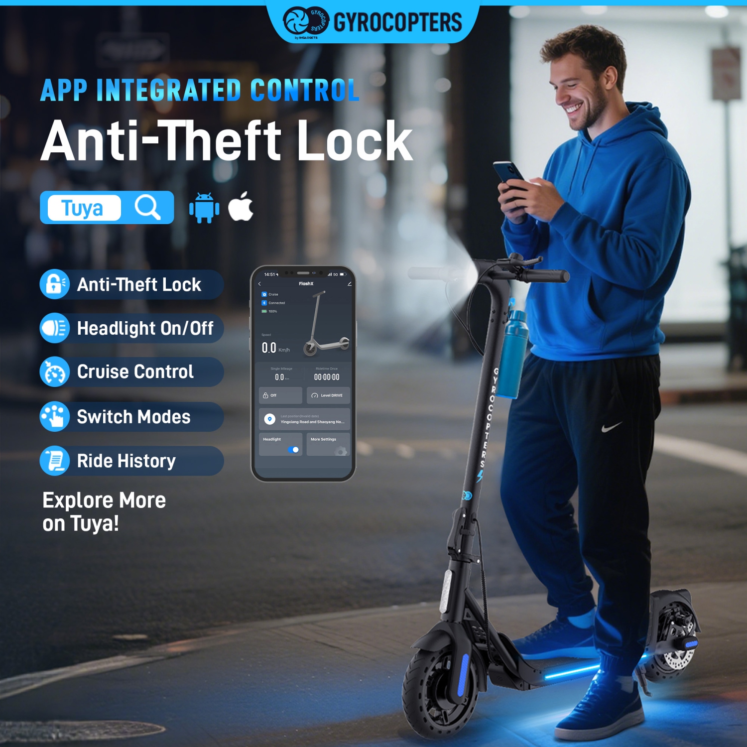 Gyrocopters FlashX 2026 Electric Scooter Adult & Teens with Bright LED Lights, Upgraded Design, Puncture-Proof Tires | Speed 32km/h, Upto 32km, 350W