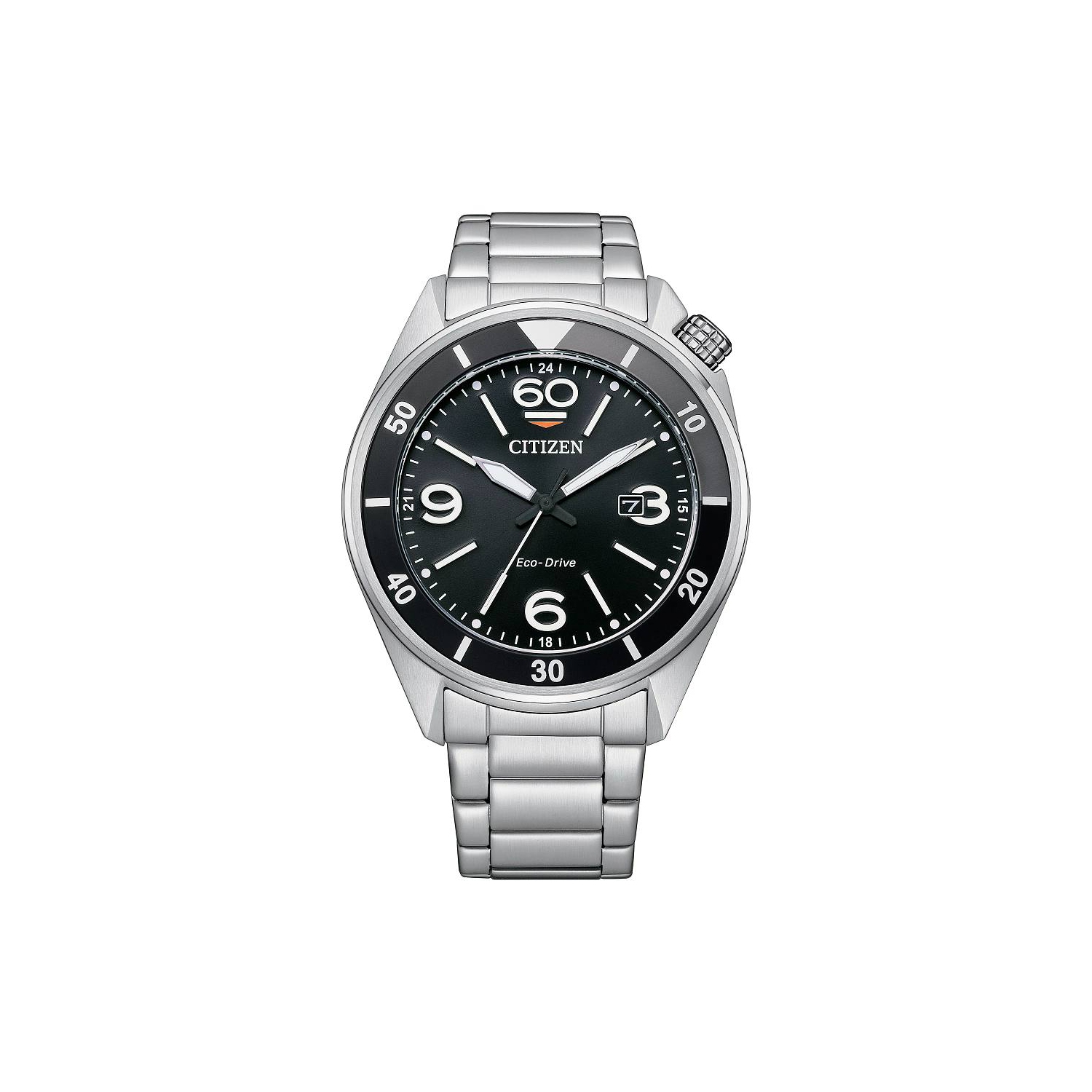 Montre sport pour hommes Eco-Drive 44&nbsp;mm de Citizen avec boîtier et bracelet en acier inoxydable argenté et cadran noir