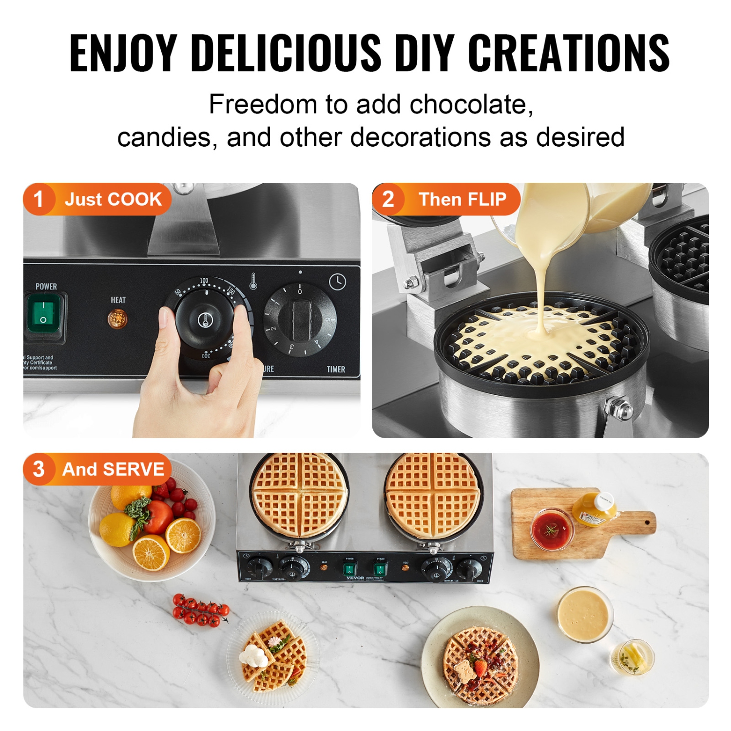 VEVOR 2460W Commercial Waffle Maker, Dual-Head Round Waffle Baker Machine, Non-Stick Stainless Steel Belgian Waffle Iron with Temp and Time Control,