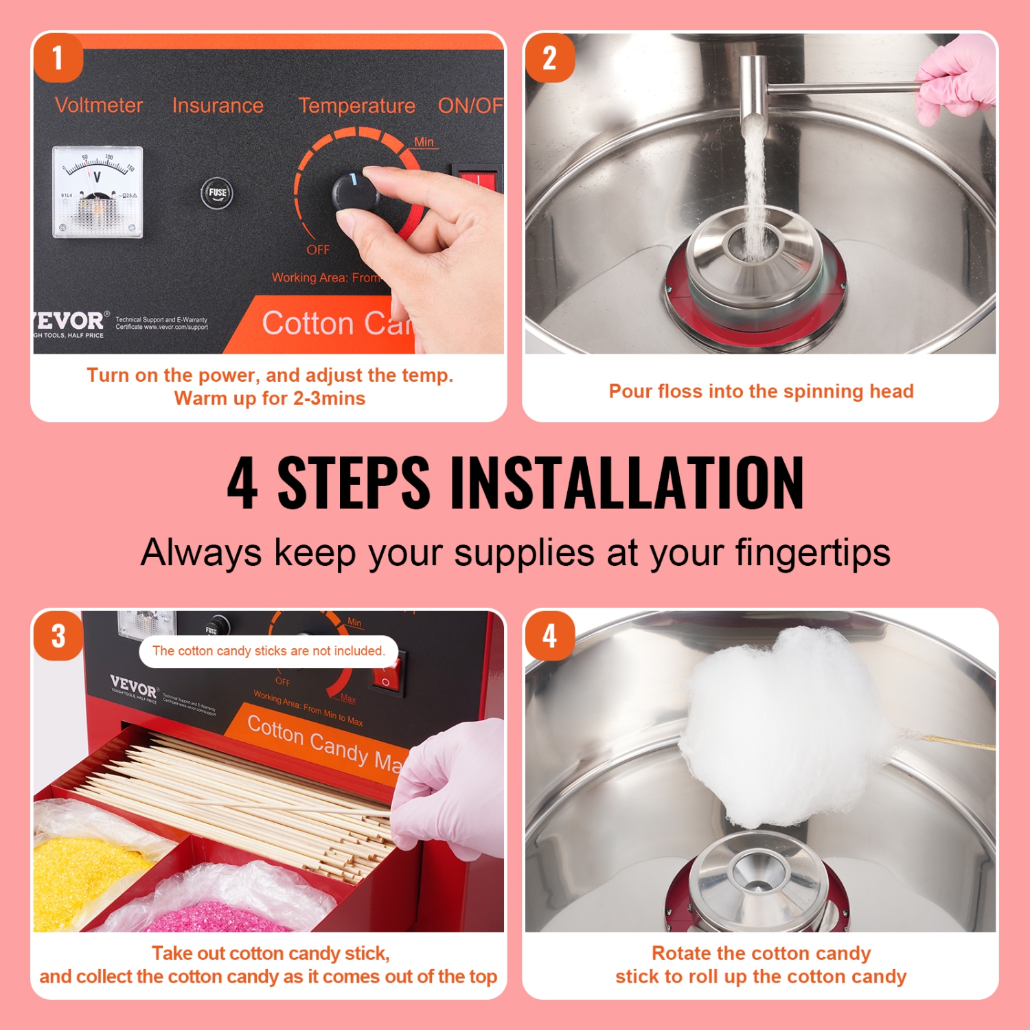 VEVOR 1000W Electric Cotton Candy Machine, Candy Floss Maker,Commercial Cotton Candy Machine with Stainless Steel Bowl, Sugar Scoop, and Drawer,