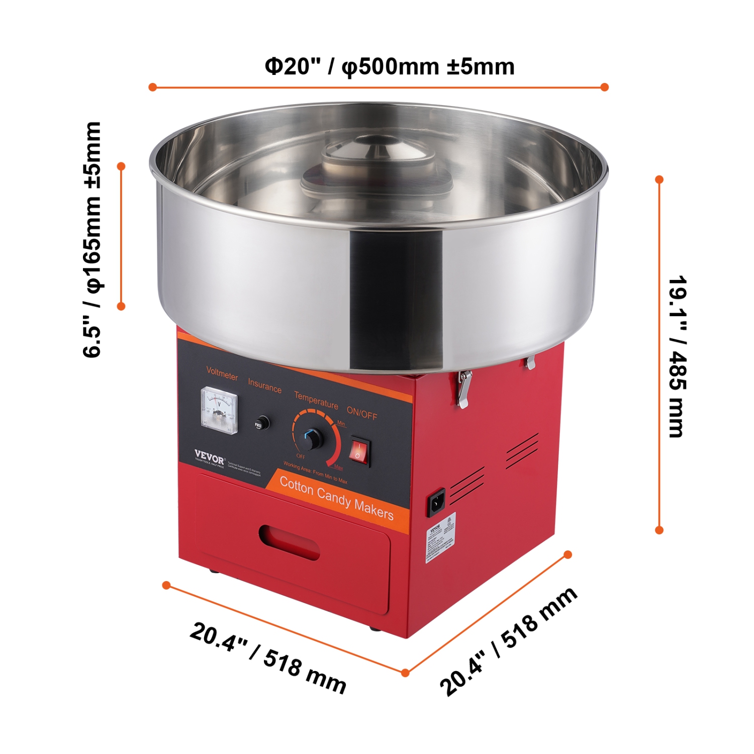 VEVOR 1000W Electric Cotton Candy Machine, Candy Floss Maker,Commercial Cotton Candy Machine with Stainless Steel Bowl, Sugar Scoop, and Drawer,