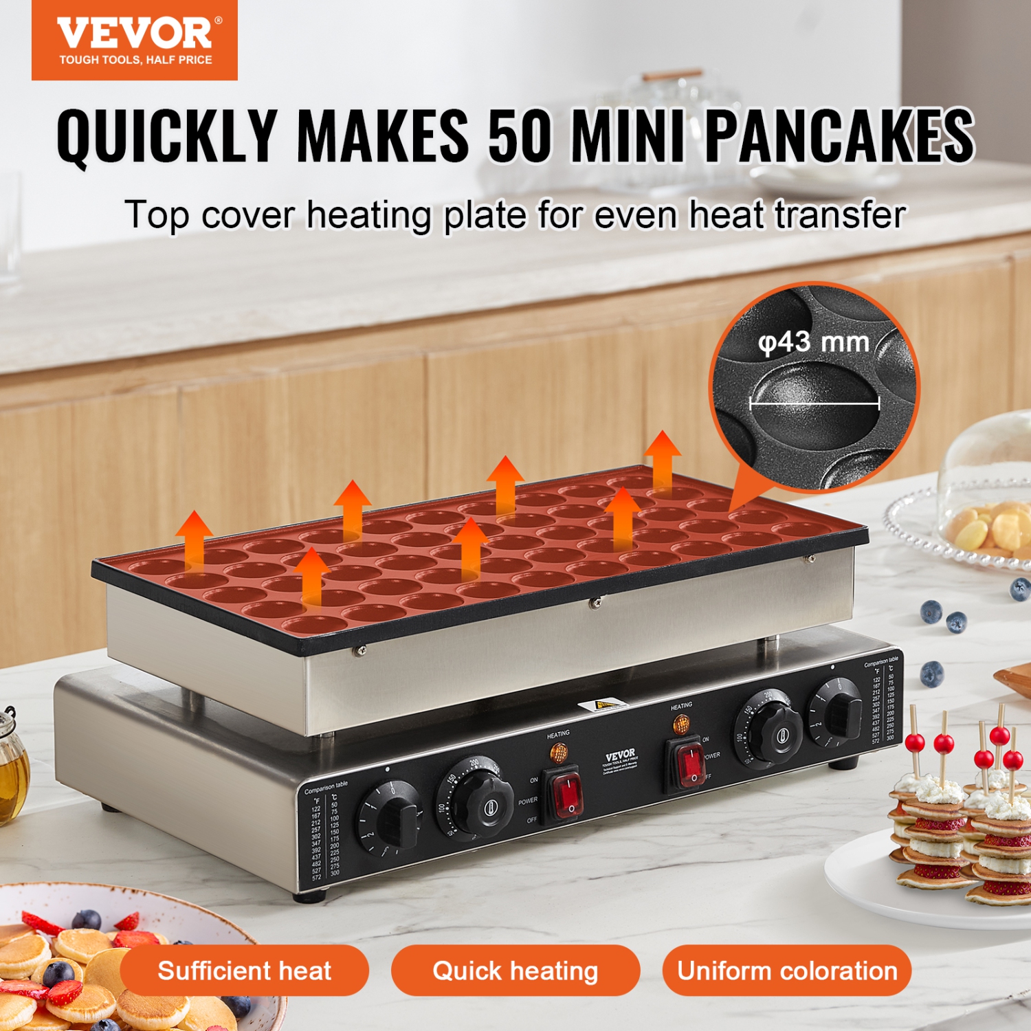 VEVOR 50PCS Mini Dutch Pancake Maker, 43mm Diameter Dorayaki Baker Machine, 1700W Commercial Electric Poffertjes Grill, Non-stick Stainless Steel,