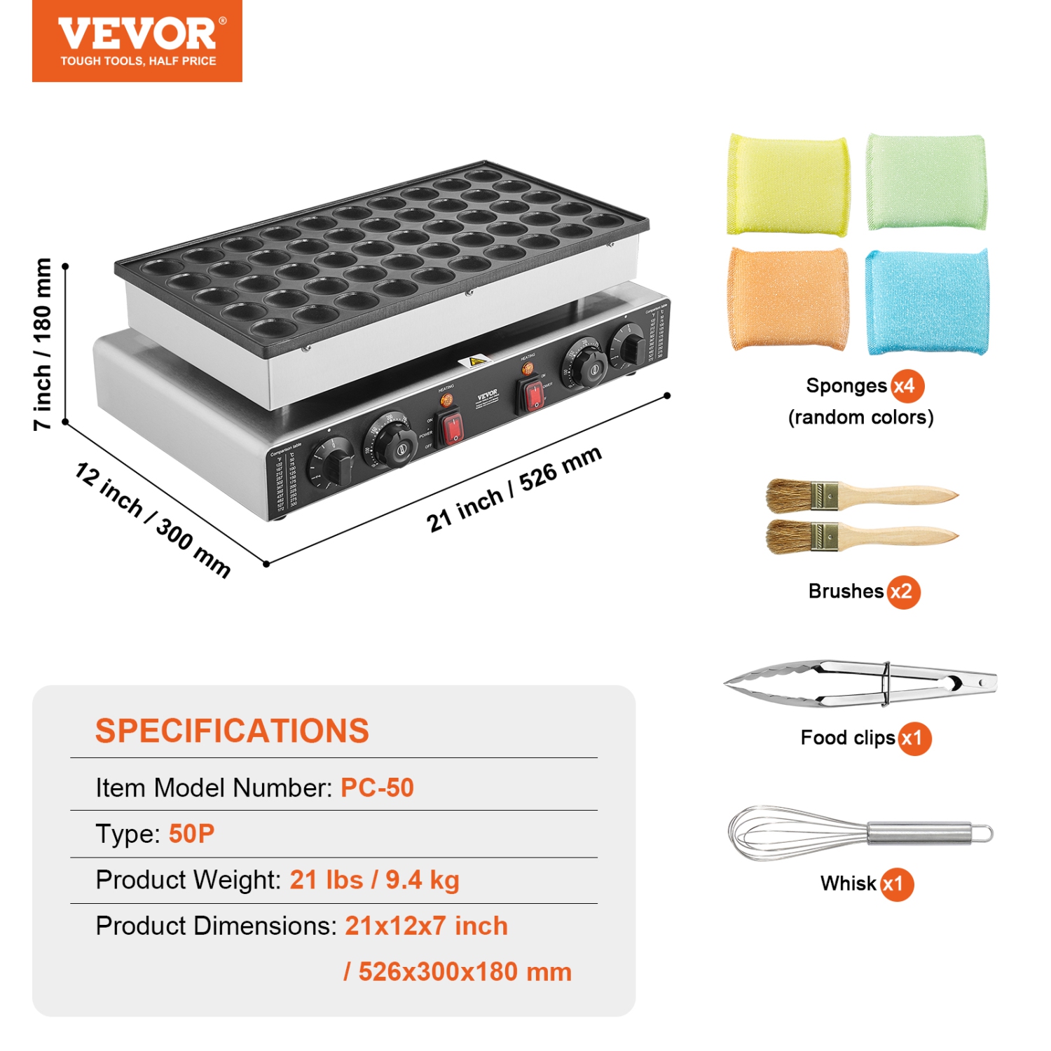 VEVOR 50PCS Mini Dutch Pancake Maker, 43mm Diameter Dorayaki Baker Machine, 1700W Commercial Electric Poffertjes Grill, Non-stick Stainless Steel,