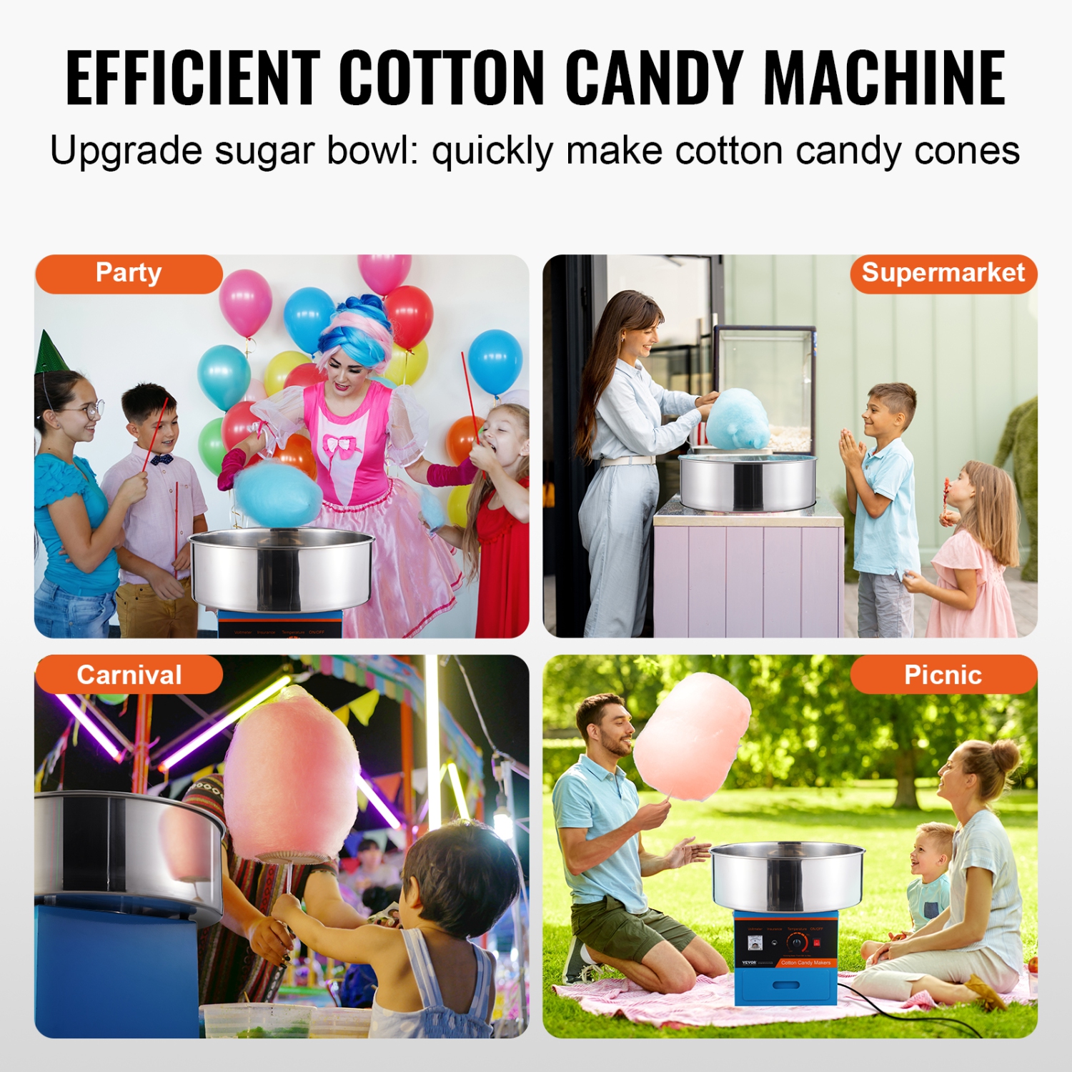 VEVOR 1000W Electric Cotton Candy Machine, Candy Floss Maker,Commercial Cotton Candy Machine with Stainless Steel Bowl, Sugar Scoop, and