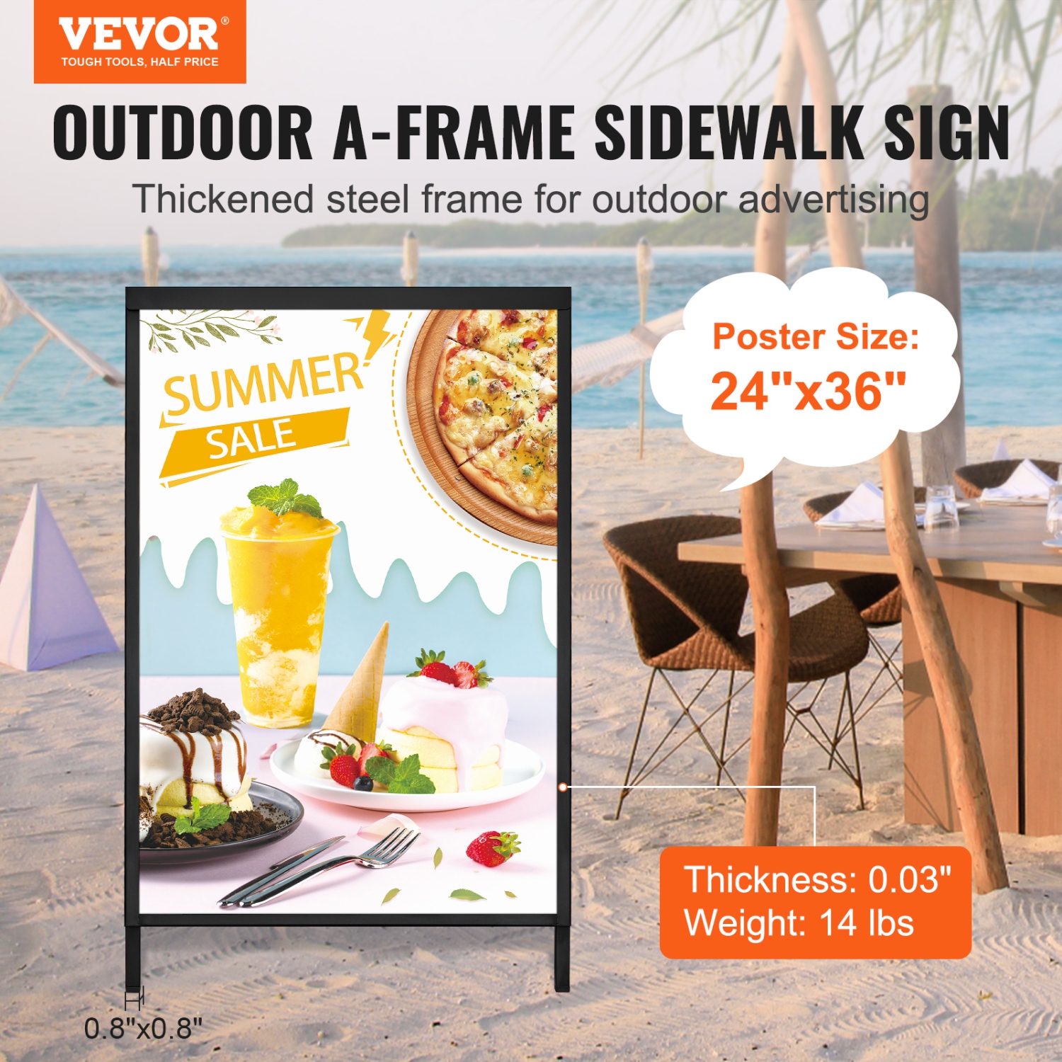 VEVOR 24x36 Inch A Frame Sidewalk Sign, Heavy Duty Slide-in Signboard Holder, Double-Sided Folding Sandwich Board Signs, Steel Pavement Sign Poster