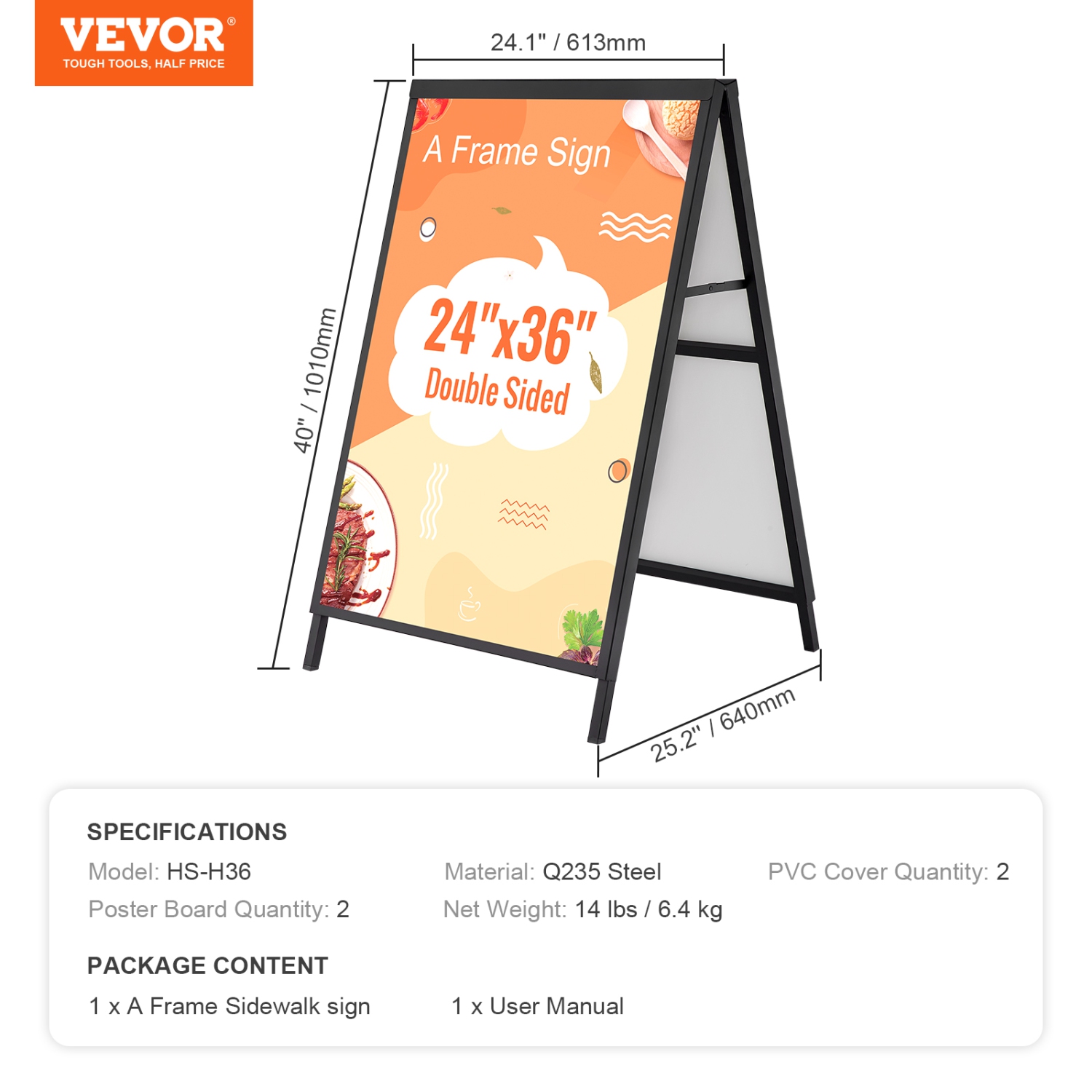 VEVOR 24x36 Inch A Frame Sidewalk Sign, Heavy Duty Slide-in Signboard Holder, Double-Sided Folding Sandwich Board Signs, Steel Pavement Sign Poster