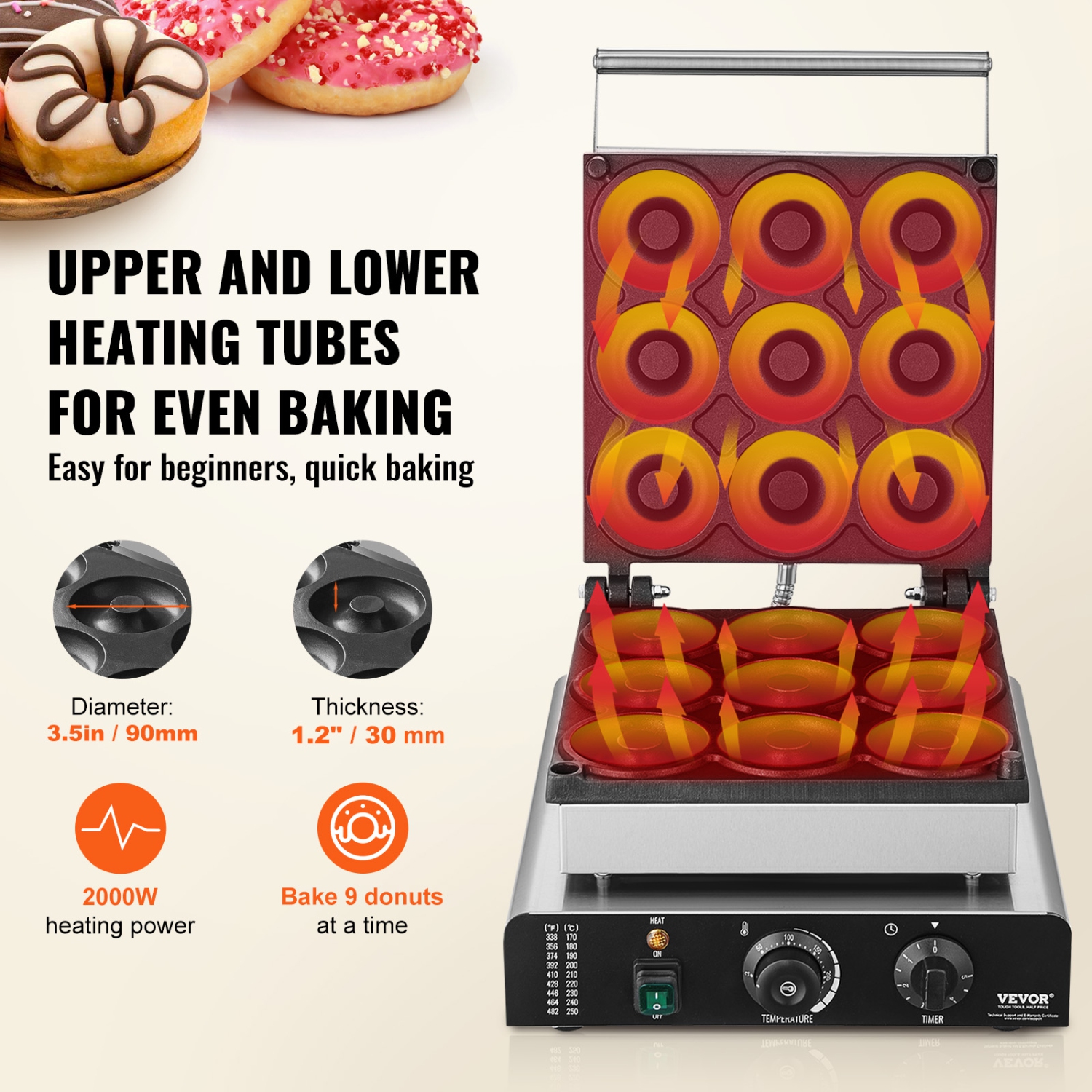 VEVOR 2000W Electric Donut Maker, Commercial Doughnut Machine with Non-stick Surface, 9 Holes Double-Sided Heating Waffle Machine Makes 9 Doughnuts,