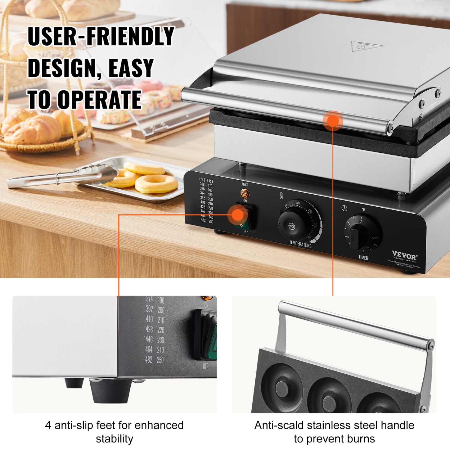 VEVOR 2000W Electric Donut Maker, Commercial Doughnut Machine with Non-stick Surface, 9 Holes Double-Sided Heating Waffle Machine Makes 9 Doughnuts,