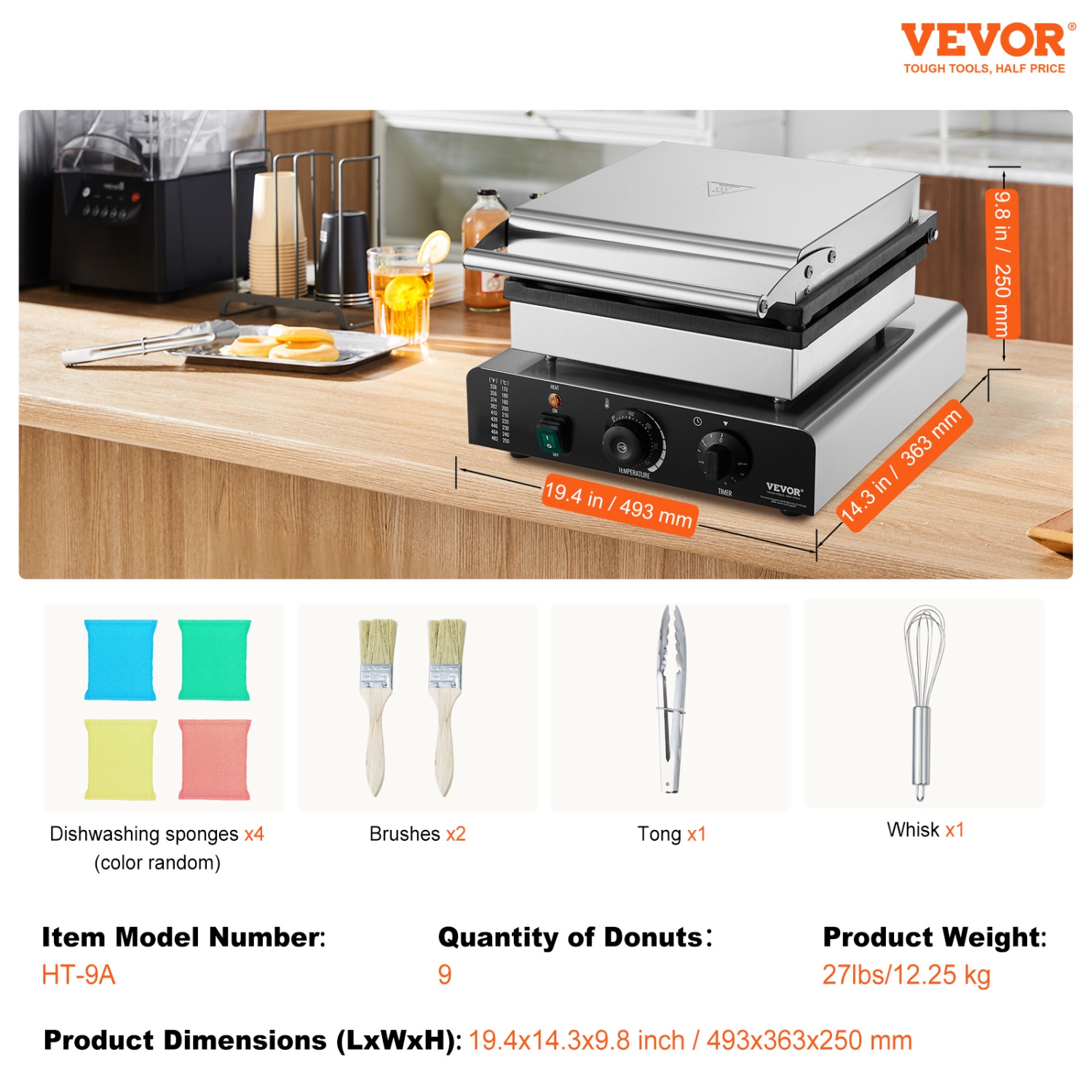 VEVOR 2000W Electric Donut Maker, Commercial Doughnut Machine with Non-stick Surface, 9 Holes Double-Sided Heating Waffle Machine Makes 9 Doughnuts,