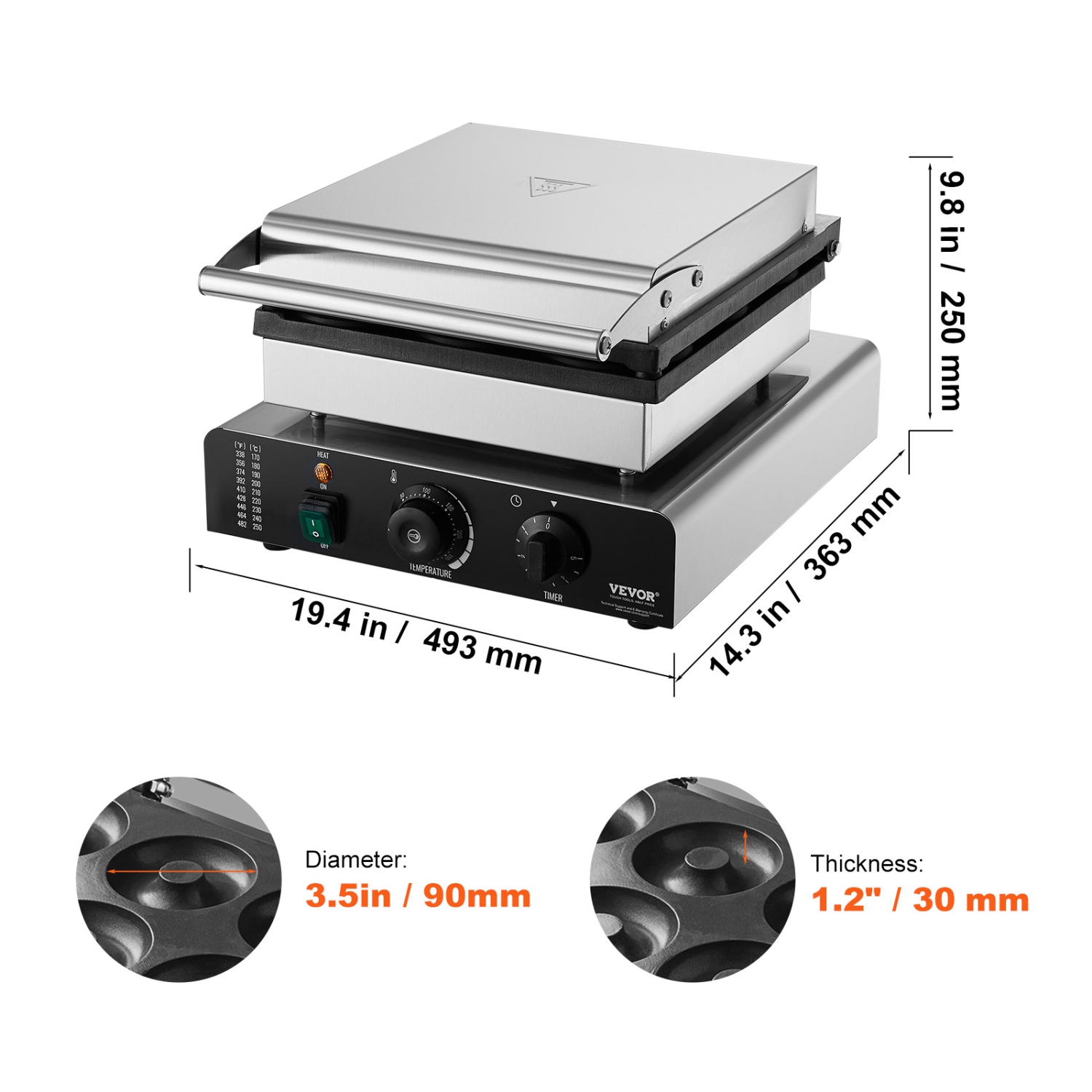 VEVOR 2000W Electric Donut Maker, Commercial Doughnut Machine with Non-stick Surface, 9 Holes Double-Sided Heating Waffle Machine Makes 9 Doughnuts,