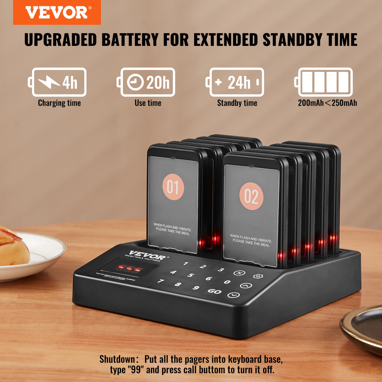 VEVOR 400m Long Range Restaurant Pager System, Wireless Lineup Waiting Queue Signal, Guest Customer Calling Beepers with Vibration & Flashing, 10