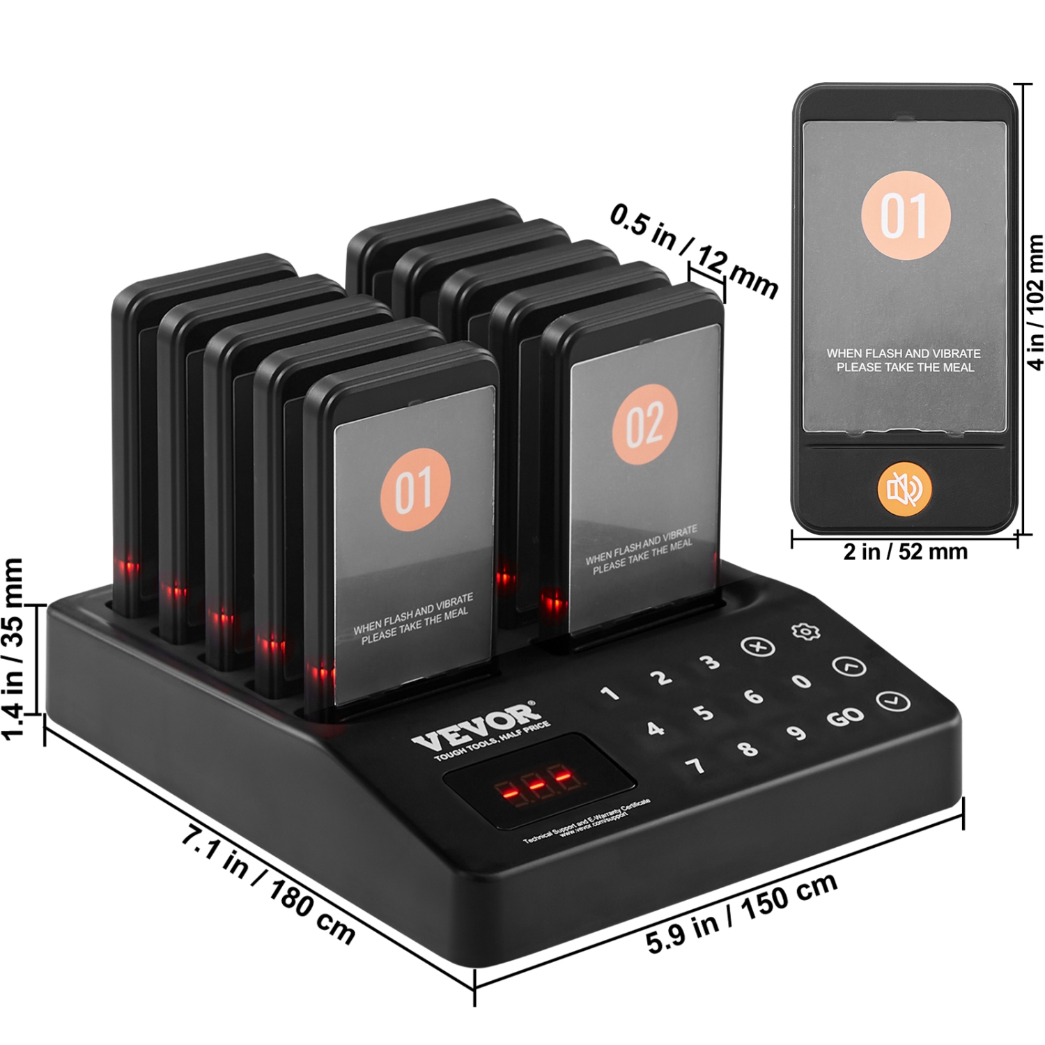VEVOR 400m Long Range Restaurant Pager System, Wireless Lineup Waiting Queue Signal, Guest Customer Calling Beepers with Vibration & Flashing, 10