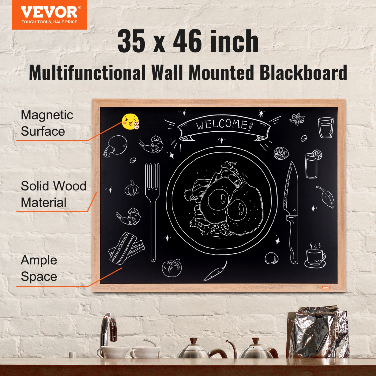 Tableau magnétique à craie de 35 x 46&nbsp;po de VEVOR, affiches suspendues avec craies, tableau en bois rétro, calendrier encadré brun rustique et