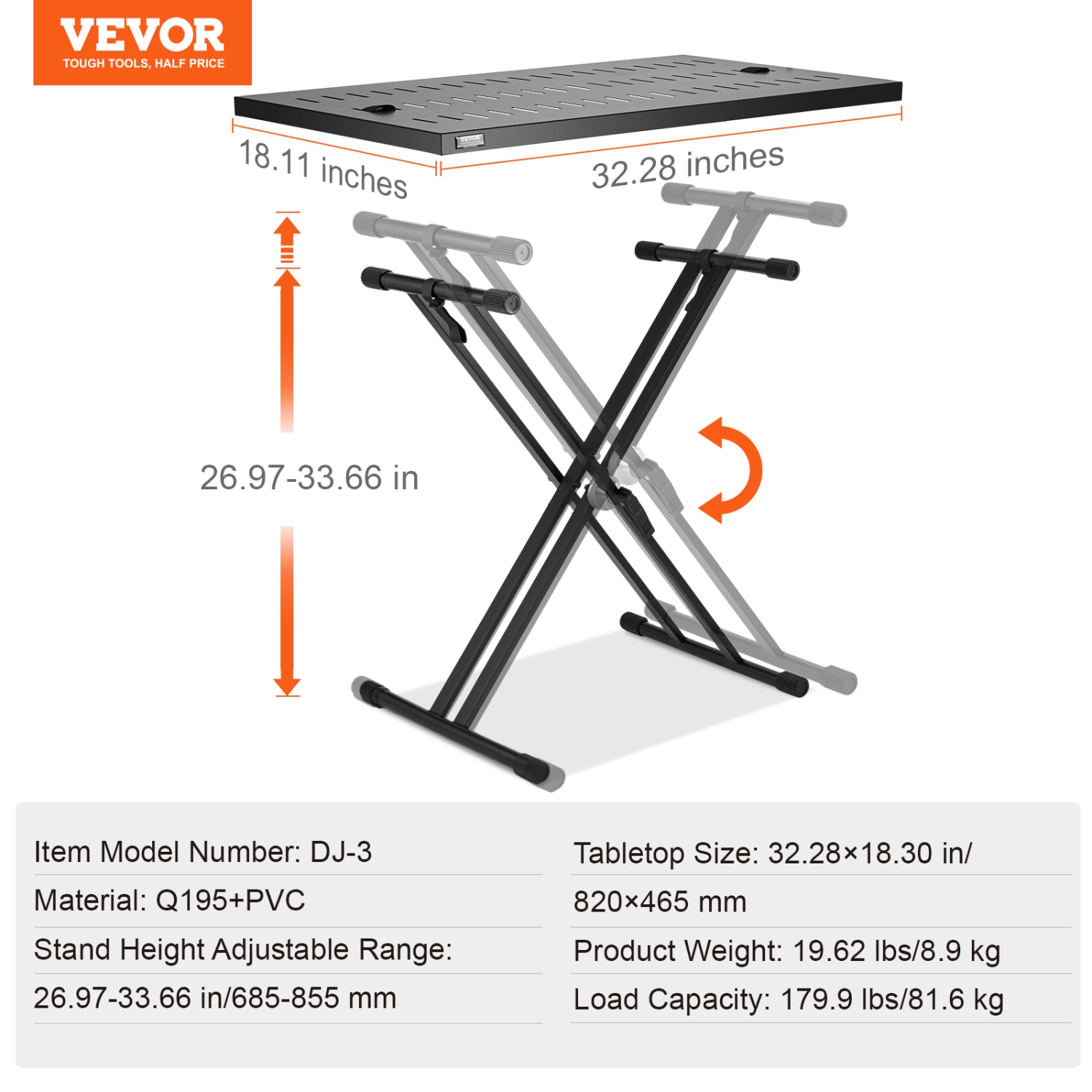 VEVOR 32" x 20" DJ Table Stand, DJ Laptop and Controller Stand, Lightweight DJ Desk DJ Booth Height DJ Stand, Foldable Double-X Braced Keyboard Stand