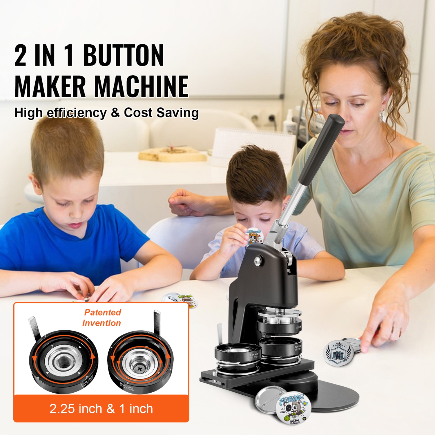 VEVOR 1+2.25 Inch Button Maker Machine, Multiple Sizes Badge Punch Press Kit, Children DIY Gifts Pin Maker, Button Making Supplies with 500pcs Button
