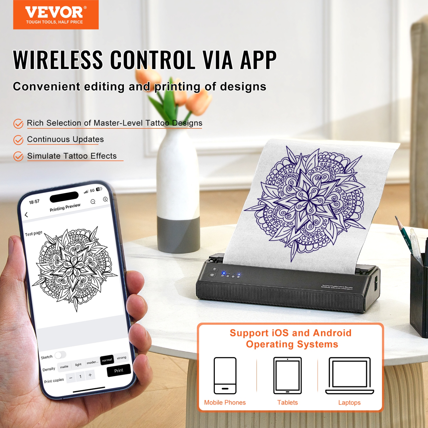 VEVOR 10Pcs Tattoo Stencil Printer, Wireless Bluetooth Tattoo Printer Transfer Stencil Machine with Transfer Paper, Compatible for iOS＆Android Phone,