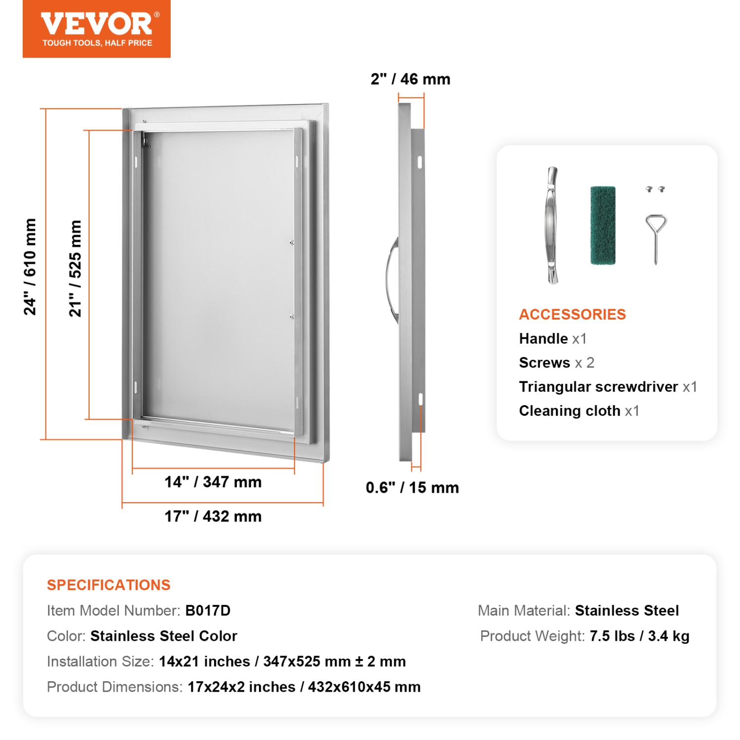 VEVOR 17W x 24H Inch BBQ Access Door, Single Outdoor Kitchen Door, Stainless Steel Flush Mount Door, Wall Vertical Door with Handle, for BBQ Island,