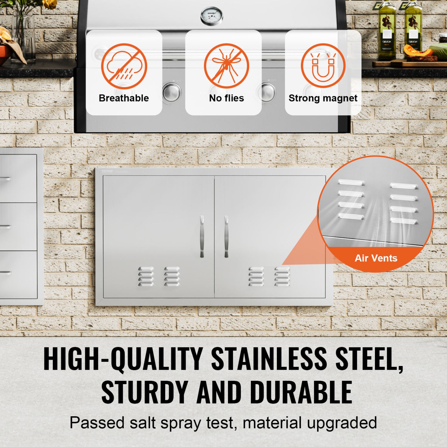 VEVOR 36W x 21H Inch BBQ Access Door, Double Outdoor Kitchen Door, Stainless Steel Flush Mount Door, Wall Vertical Door with Handles and Vents, for