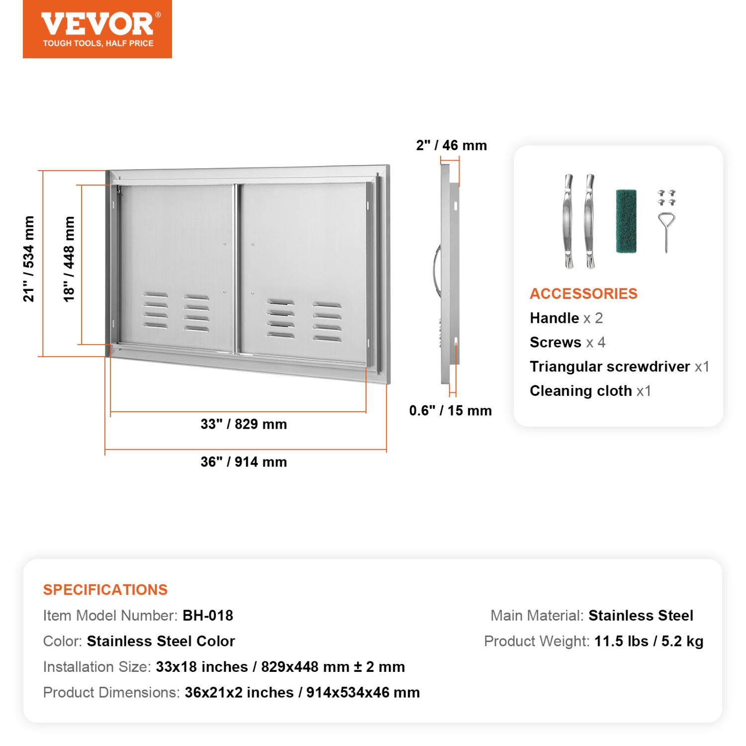VEVOR 36W x 21H Inch BBQ Access Door, Double Outdoor Kitchen Door, Stainless Steel Flush Mount Door, Wall Vertical Door with Handles and Vents, for