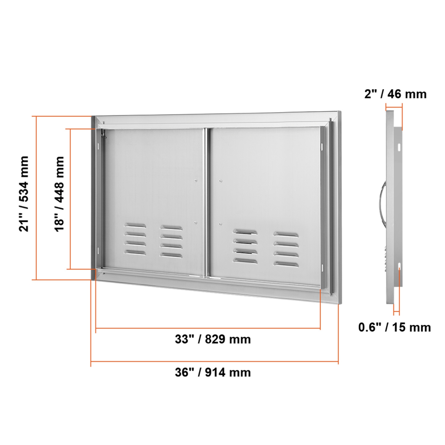 VEVOR 36W x 21H Inch BBQ Access Door, Double Outdoor Kitchen Door, Stainless Steel Flush Mount Door, Wall Vertical Door with Handles and Vents, for