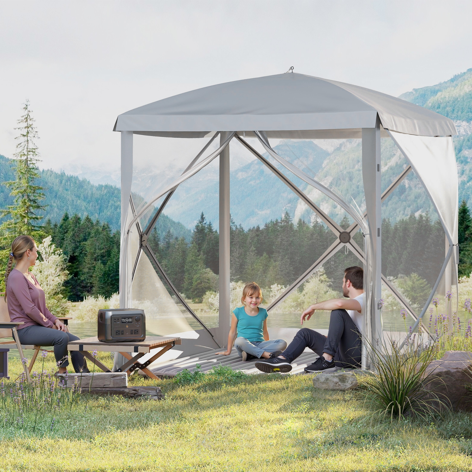 Outsunny 7 x 7ft Pop-Up Screen House Gazebo Camping Outdoor Instant Setup Tent Fits 3-4 People 210D Material w/ Carry Bag & Ground Stakes, Light Grey