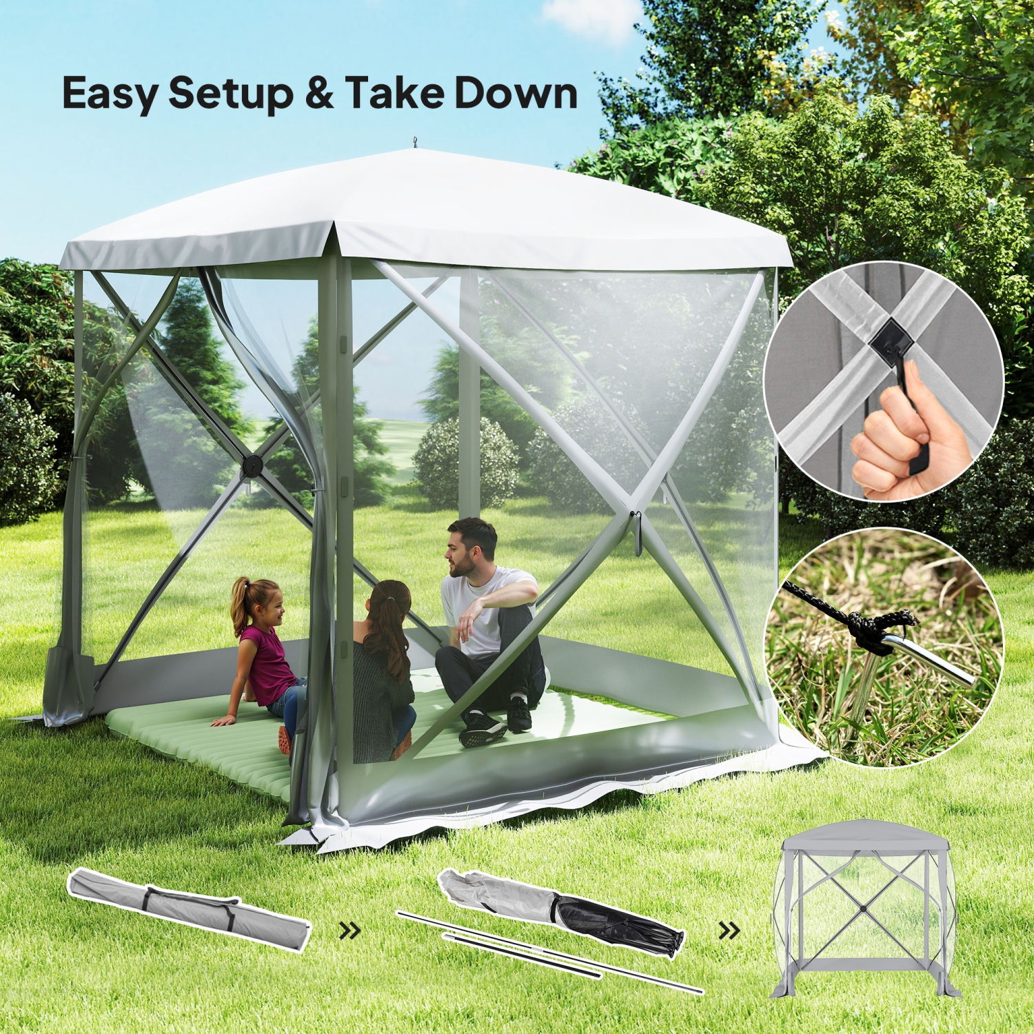 Outsunny 7 x 7ft Pop-Up Screen House Gazebo Camping Outdoor Instant Setup Tent Fits 3-4 People 210D Material w/ Carry Bag & Ground Stakes, Light Grey