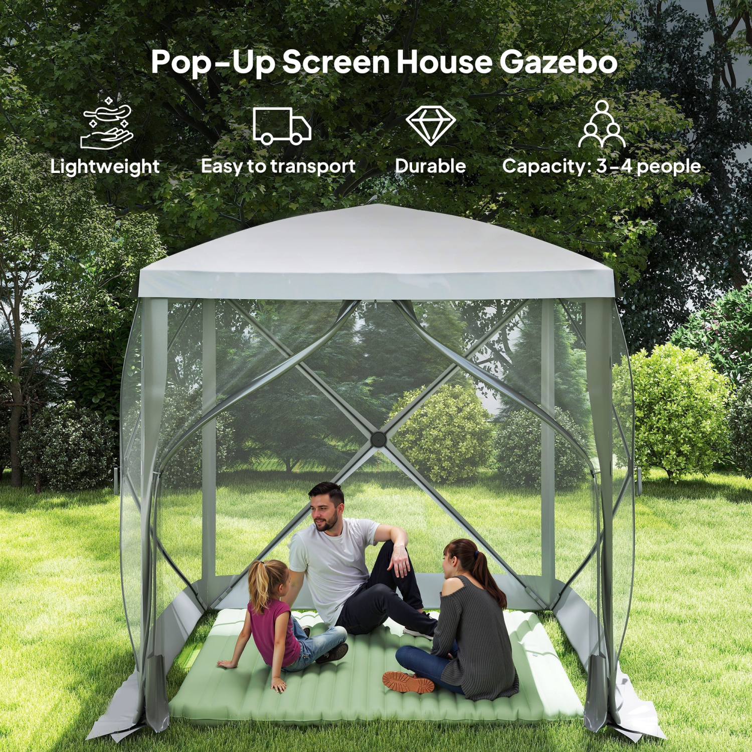 Outsunny 7 x 7ft Pop-Up Screen House Gazebo Camping Outdoor Instant Setup Tent Fits 3-4 People 210D Material w/ Carry Bag & Ground Stakes, Light Grey